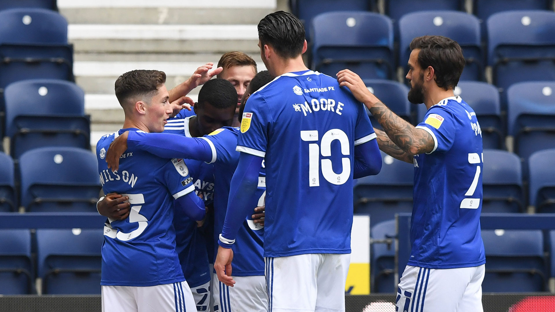 Sheyi Ojo celebrates after netting against Preston...