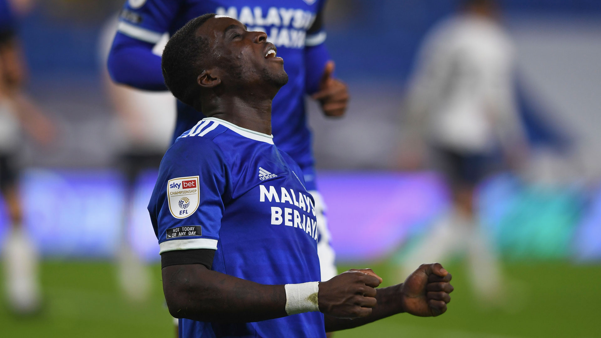 Sheyi Ojo celebrates after netting against Luton...