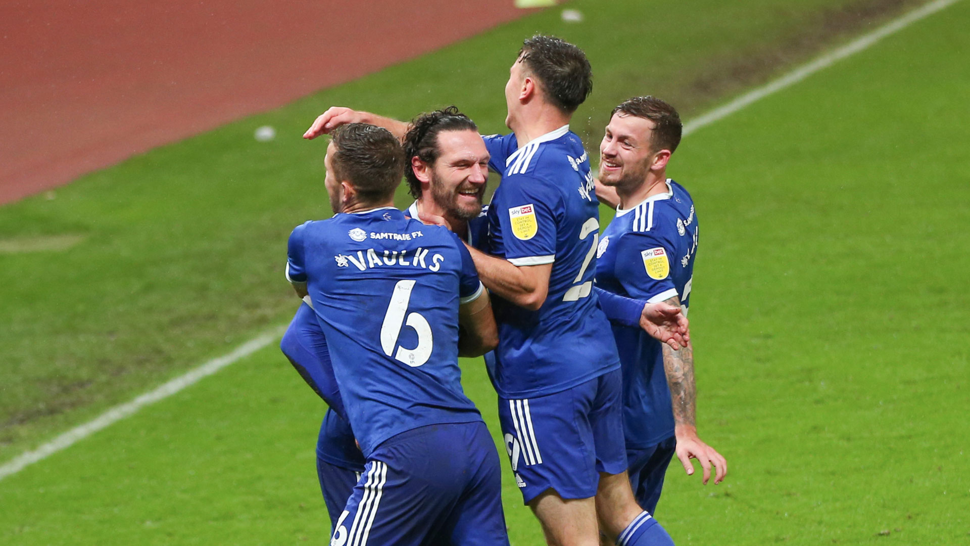 City celebrate their second against Stoke City...