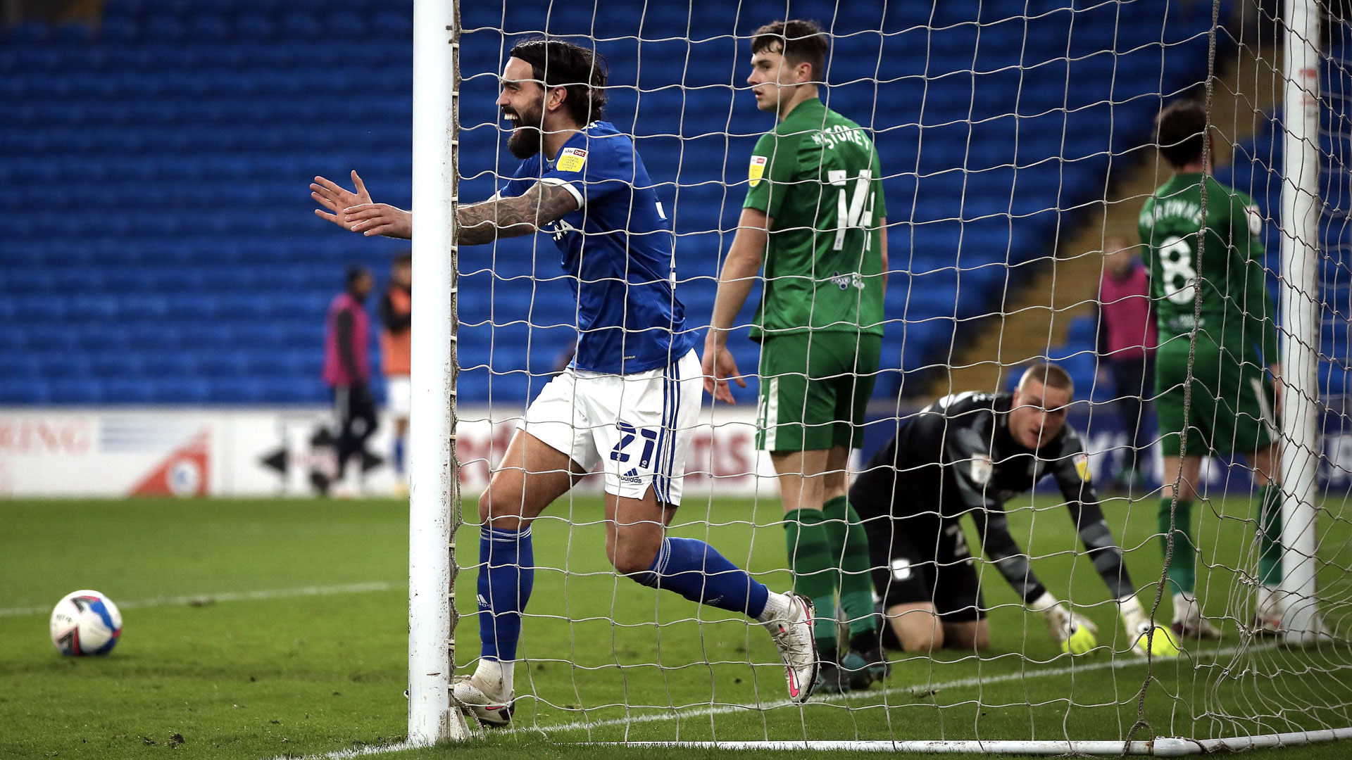 Marlon Pack celebrates after scoring against Preston...