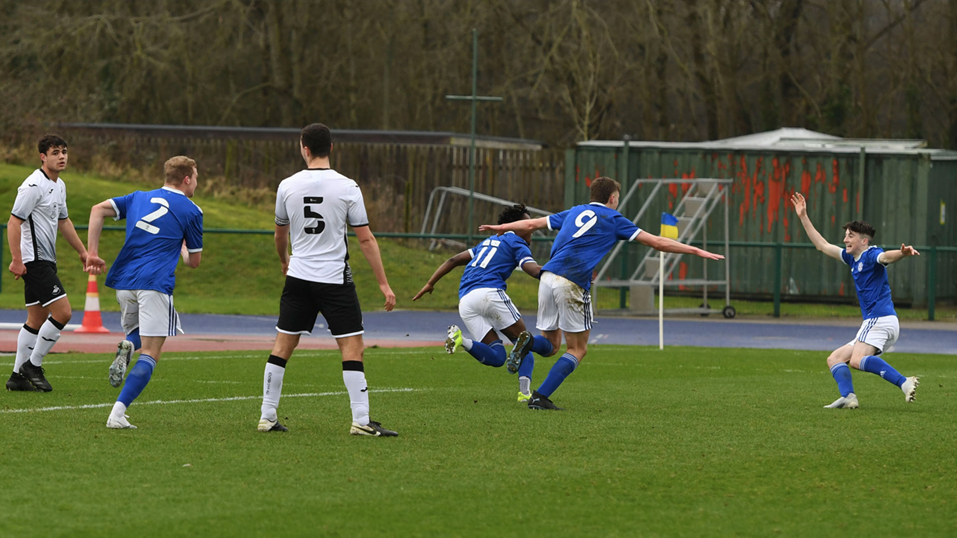 The Bluebirds celebrate their goal against Swansea...