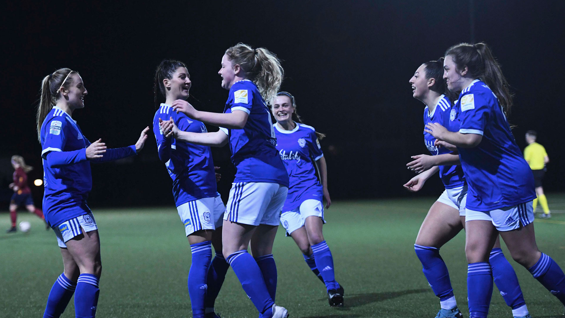 The Bluebirds celebrate Poole's goal in Leckwith...
