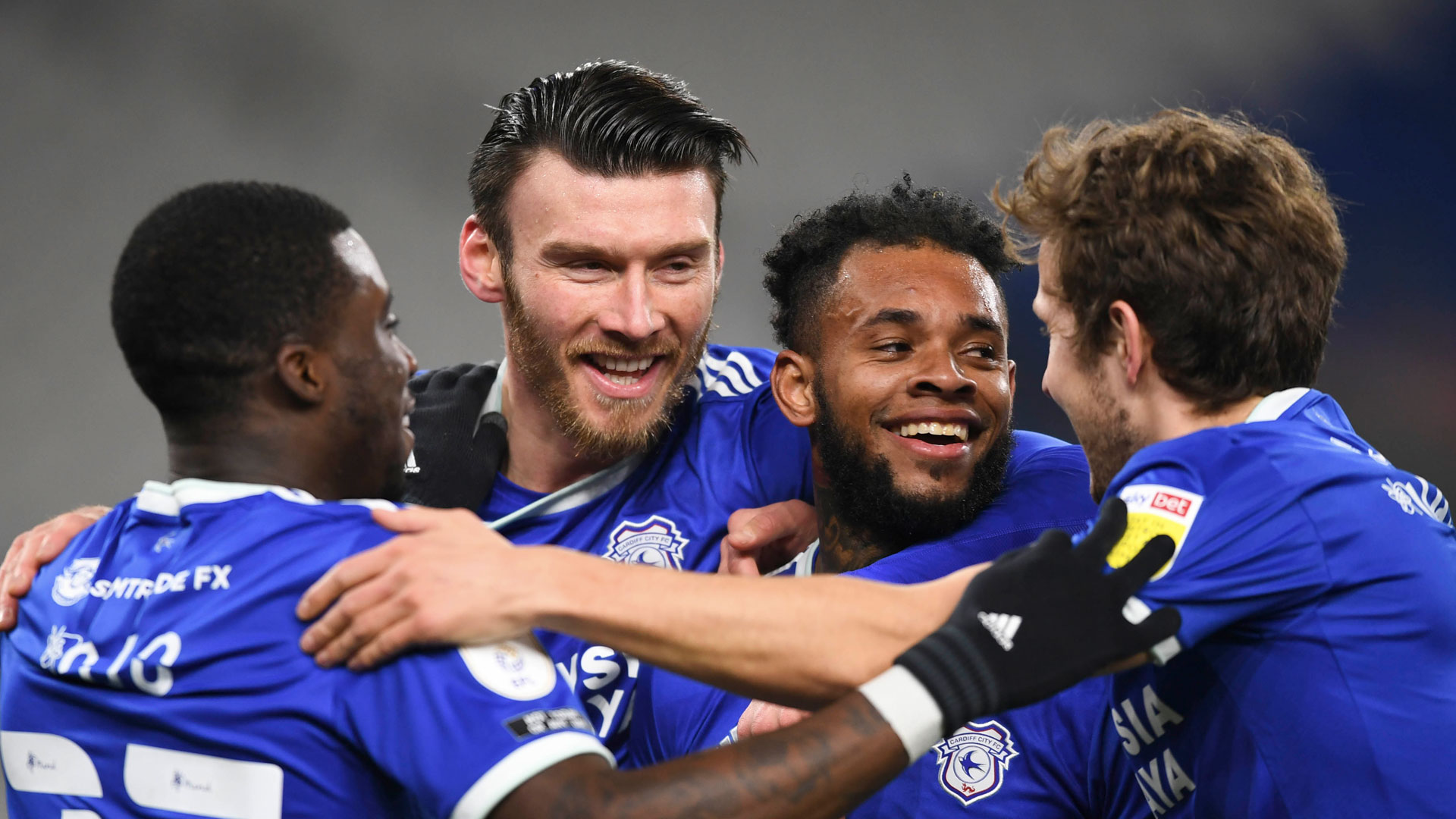 The Bluebirds celebrate after Bacuna's second goal of the evening...