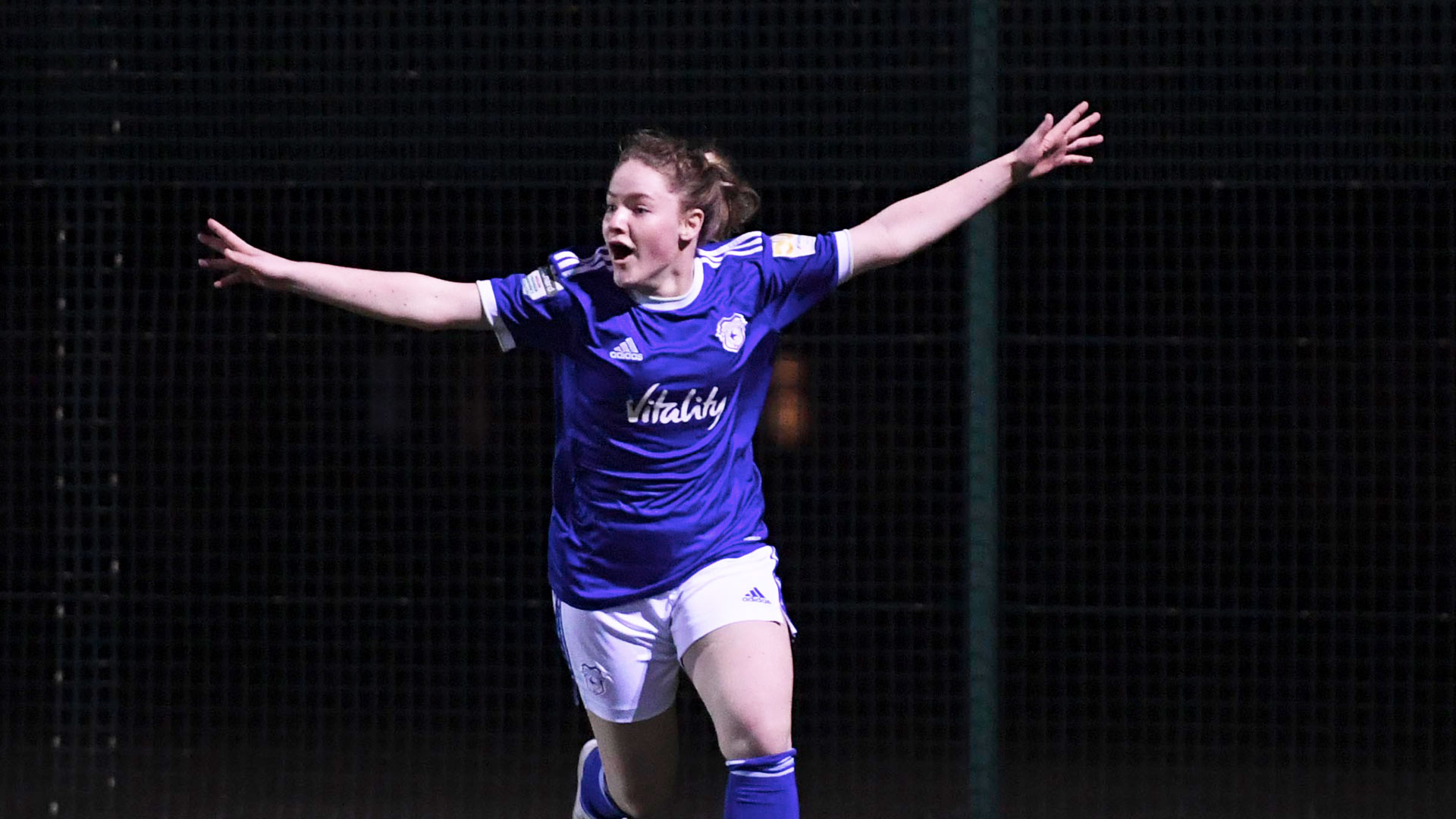 Phoebie Poole celebrates her goal against Cardiff Met...