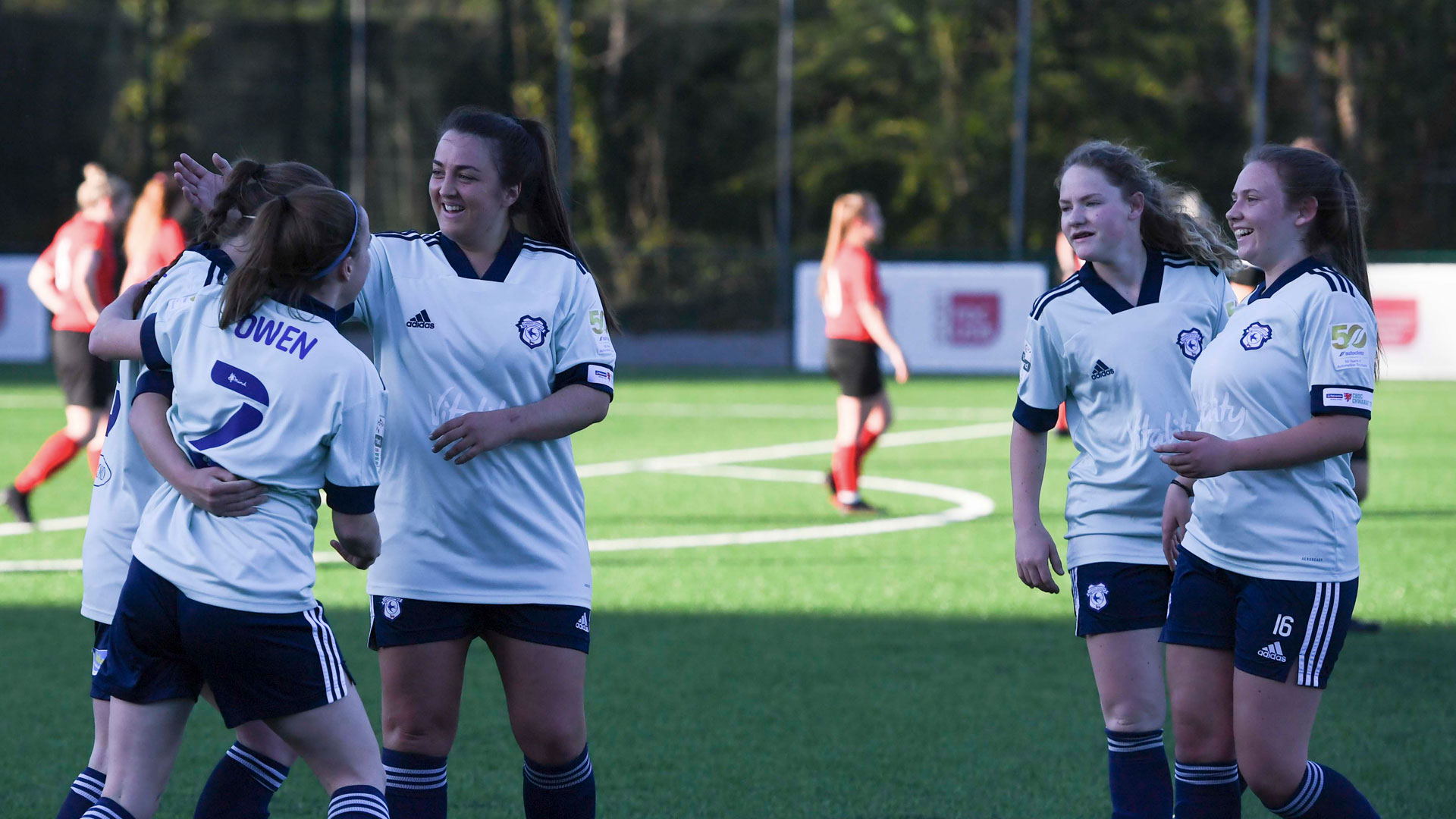 Ffion Price and the Bluebirds celebrate at USW Sport Park...