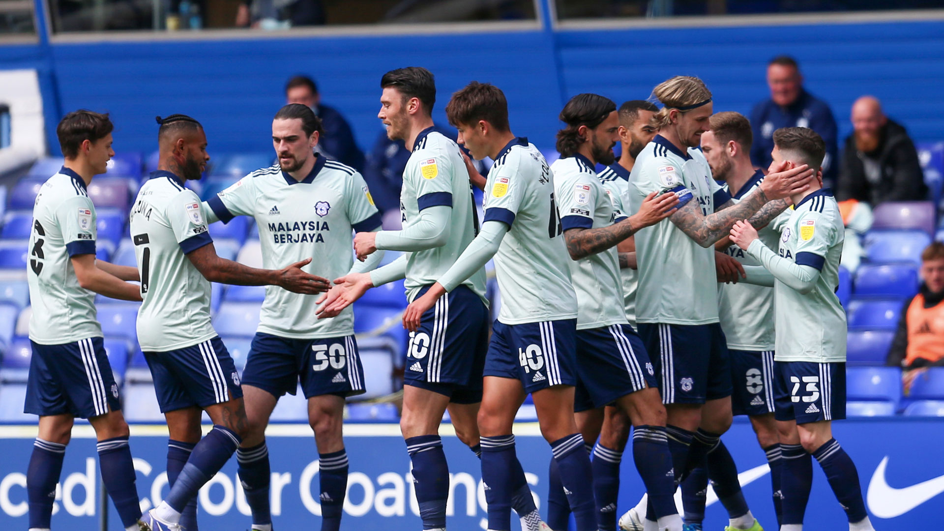 Harry Wilson and the Bluebirds celebrate the first goal against Birmingham City...