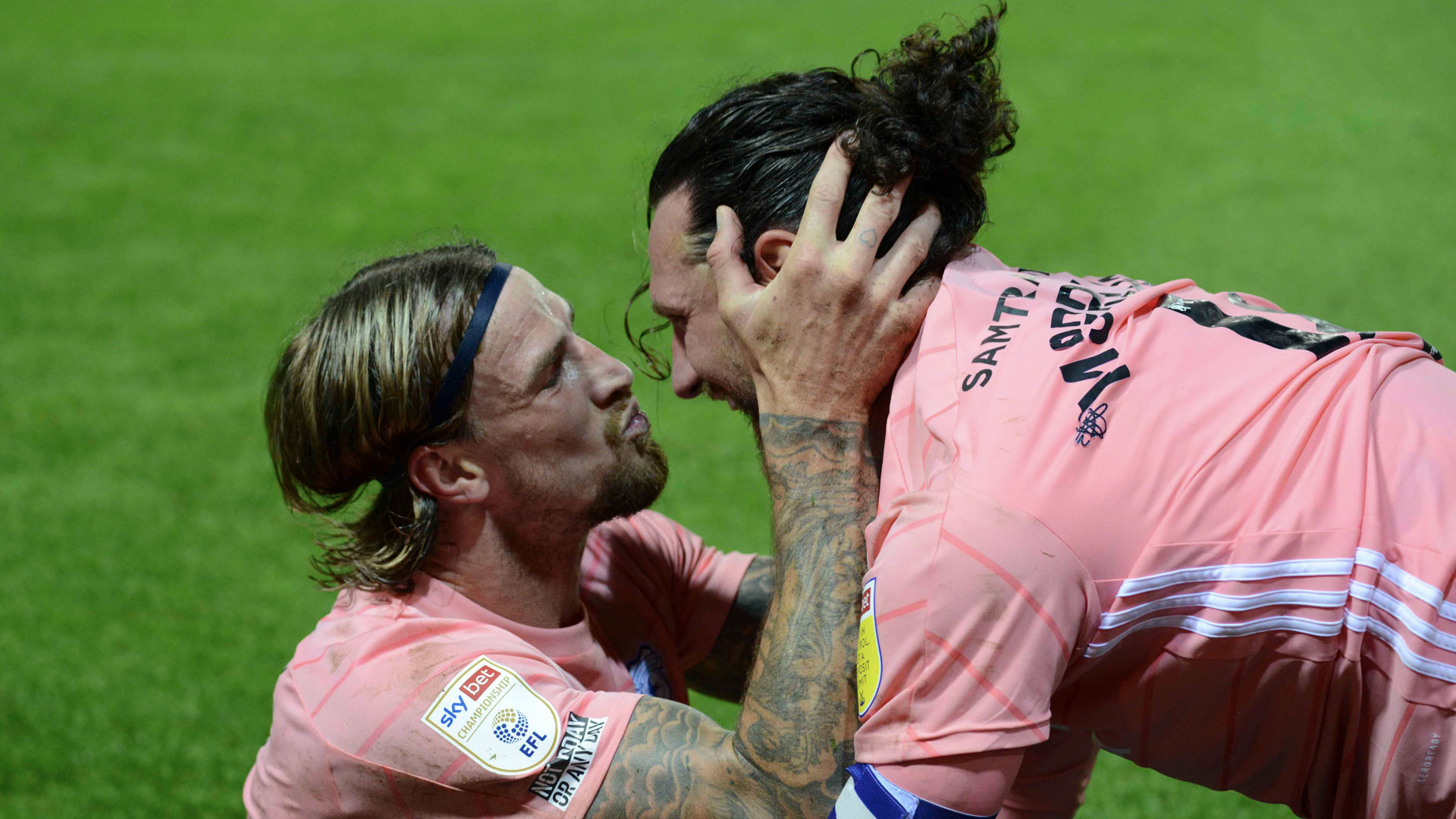 Aden Flint & Sean Morrison celebrate at London Road...