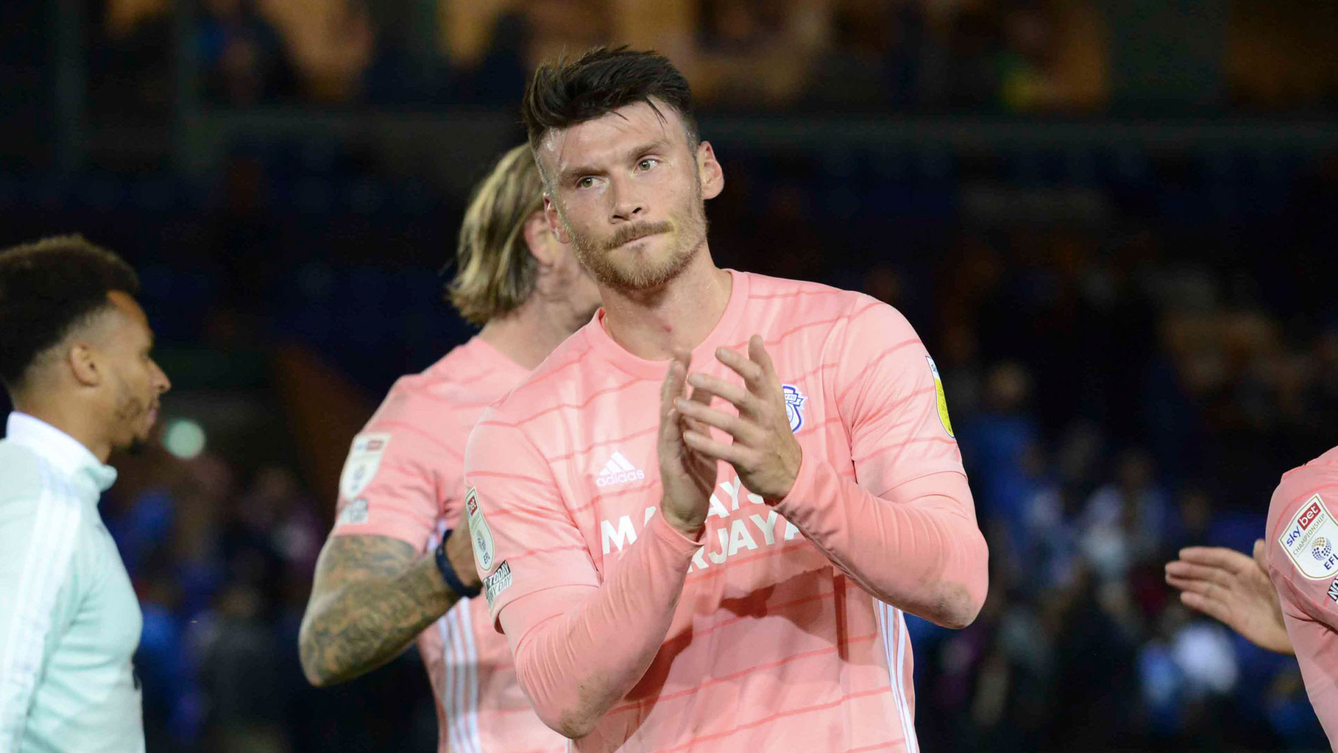 Kieffer Moore applauds the City support at London Road...