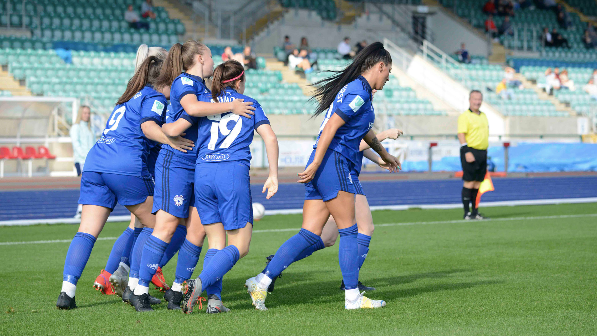 The Bluebirds celebrate at Leckwith...