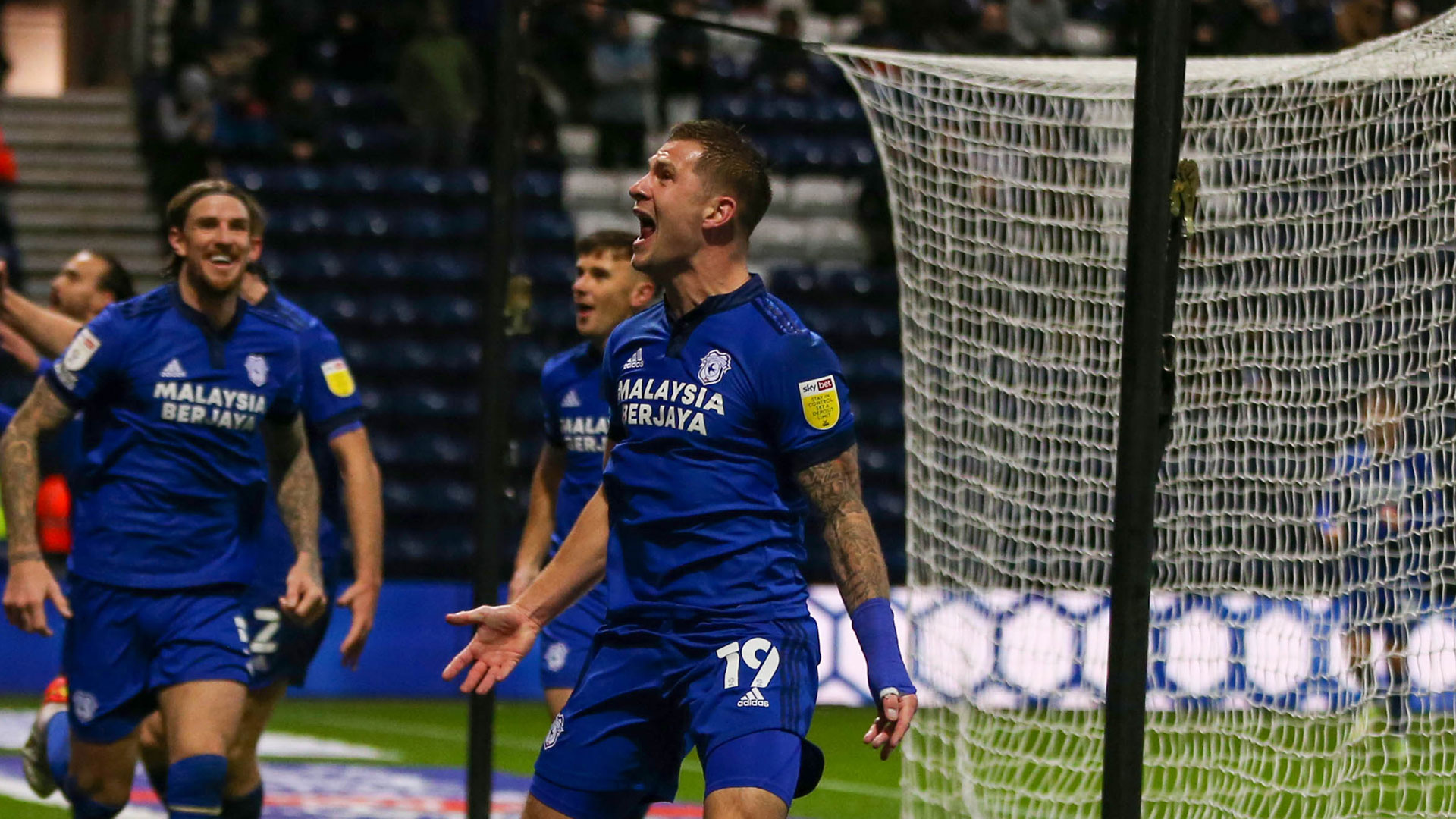 James Collins celebrates his winner against Preston North End...