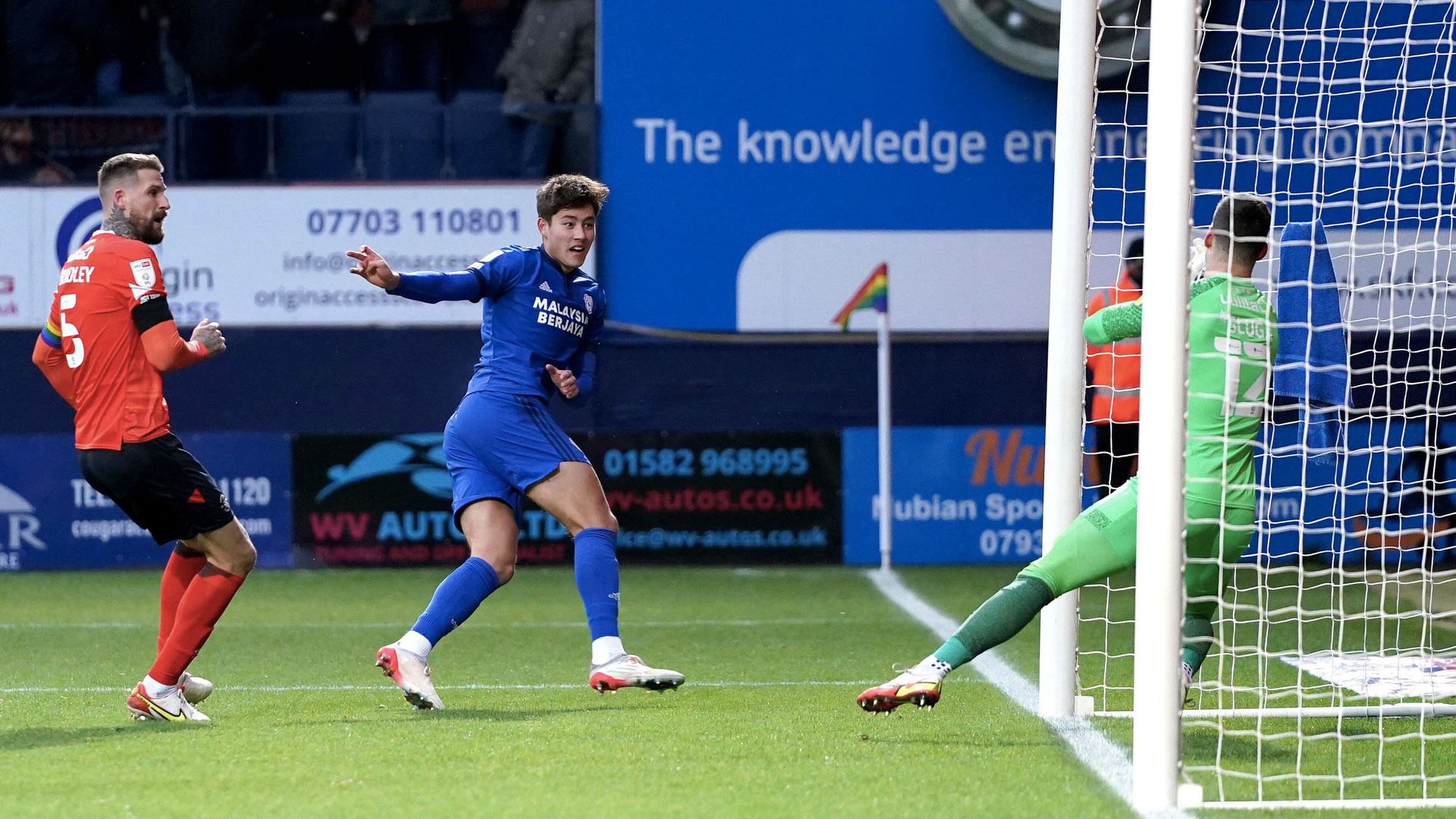 Rubin Colwill scores against Luton Town...