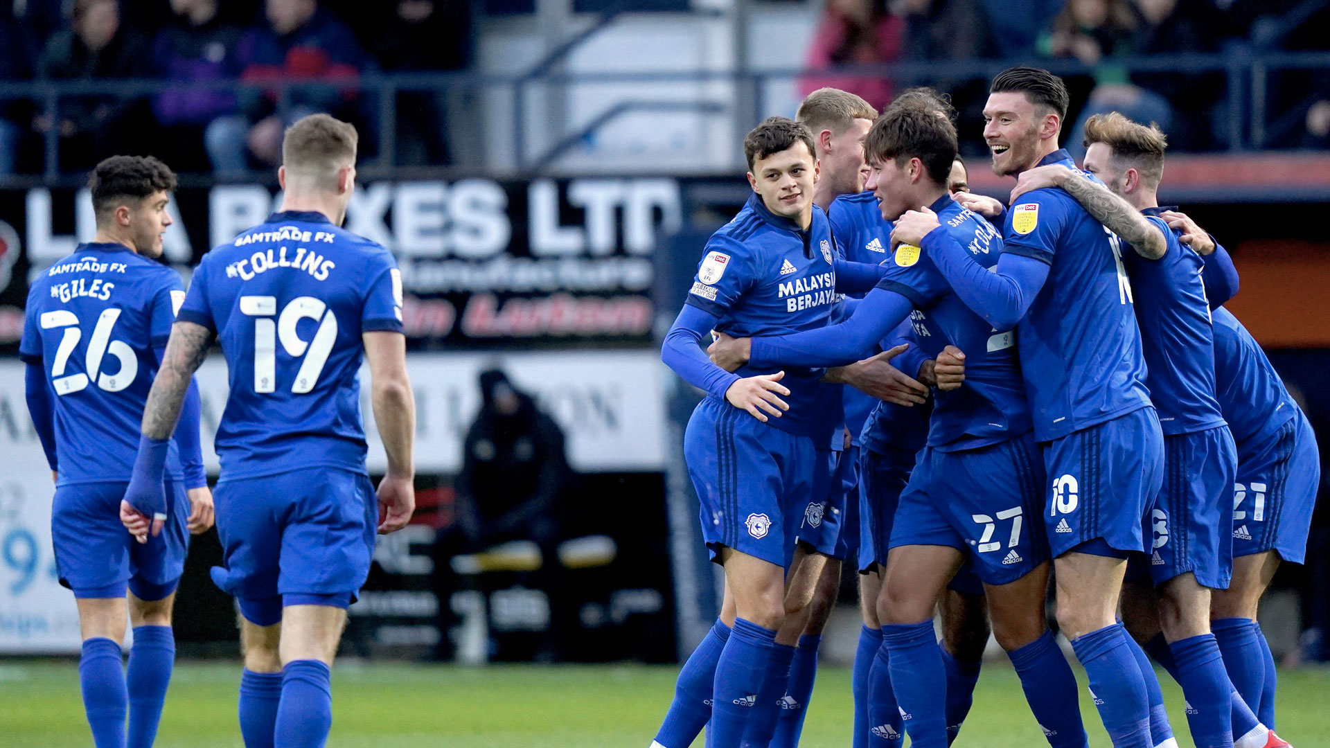 Rubin Colwill celebrates his opener against Luton Town...