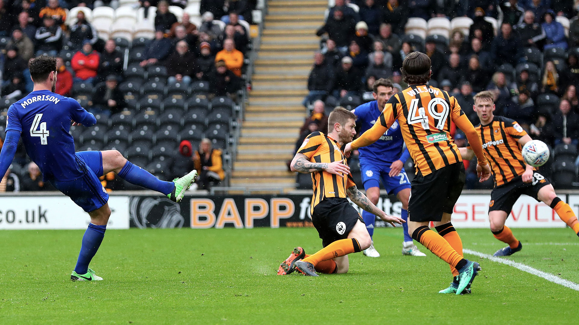 Sean Morrison scores his second goal against Hull City...