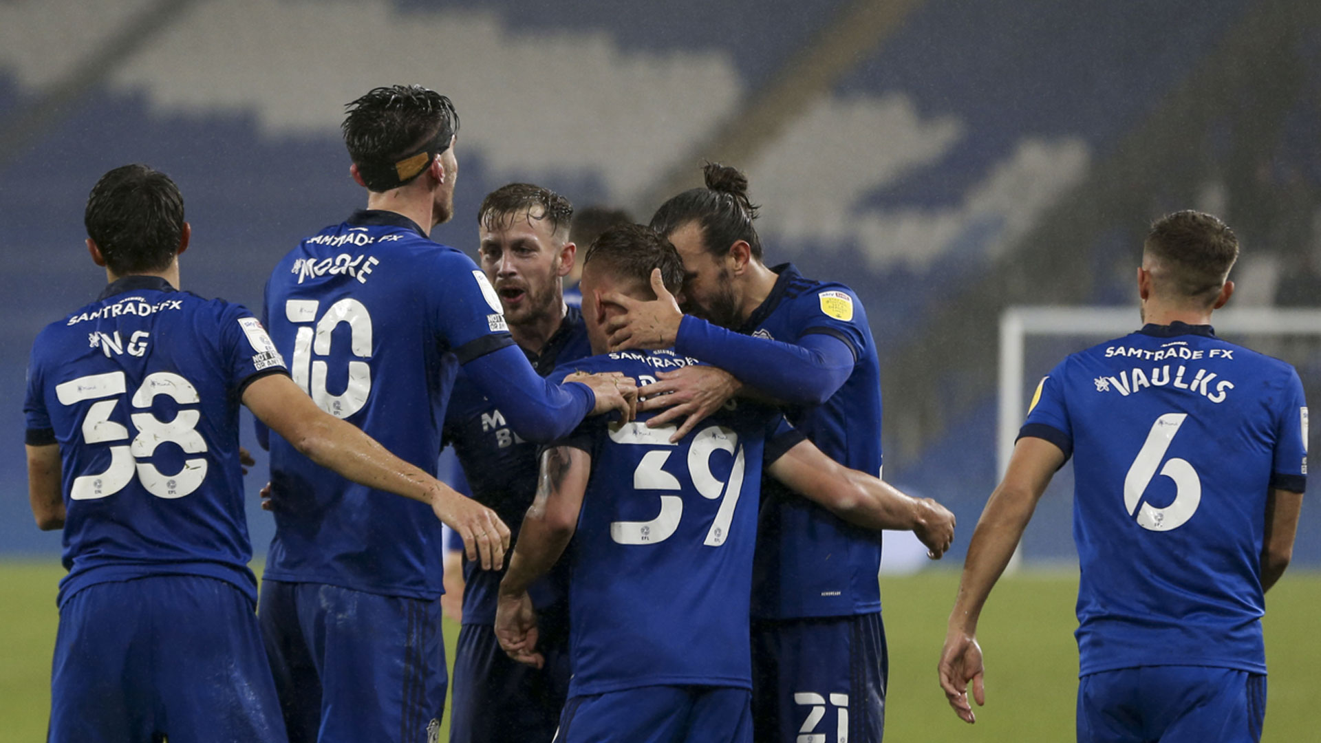 The Bluebirds celebrate the victory against Huddersfield Town...