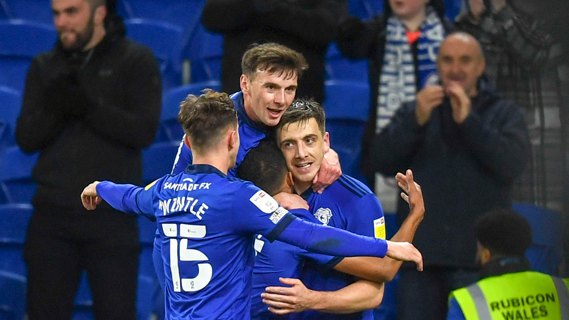 Cardiff City players celebrate at CCS.