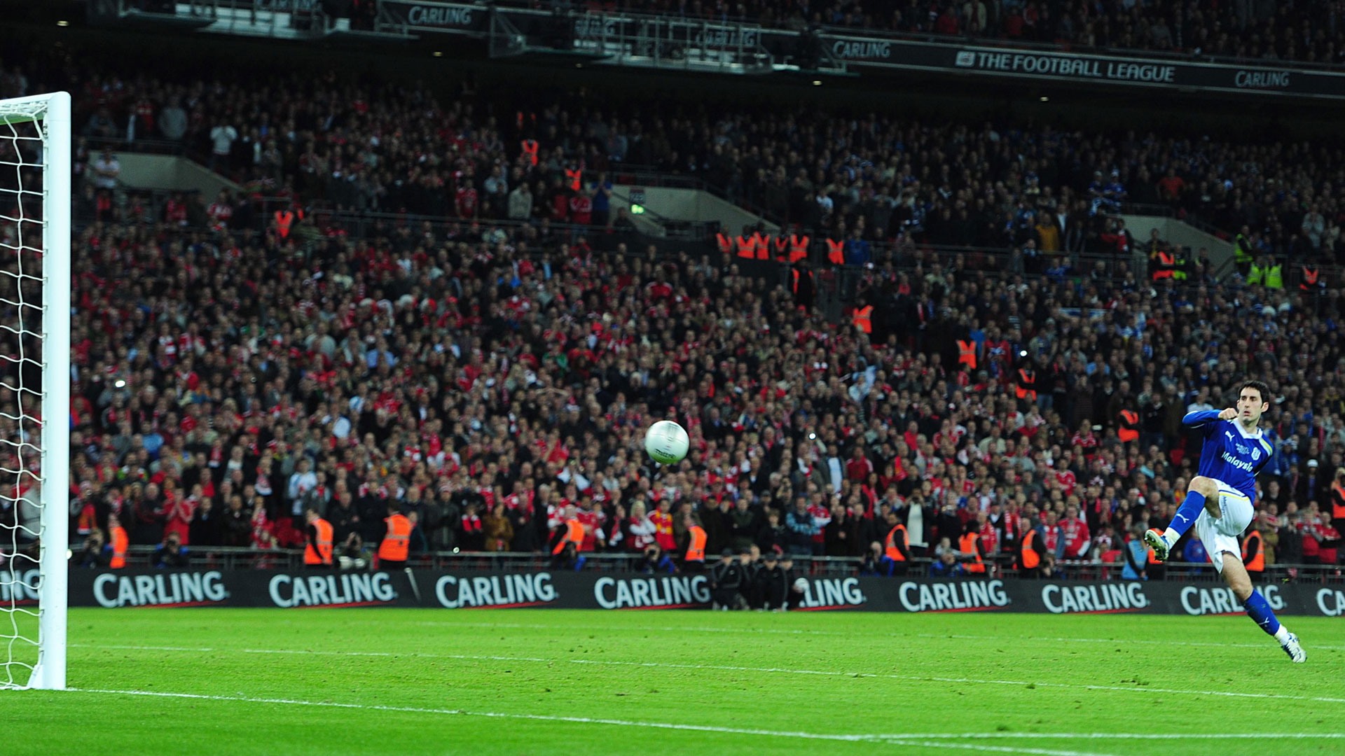 Whitts scores his penalty at Wembley in the 2012 Carling Cup final...