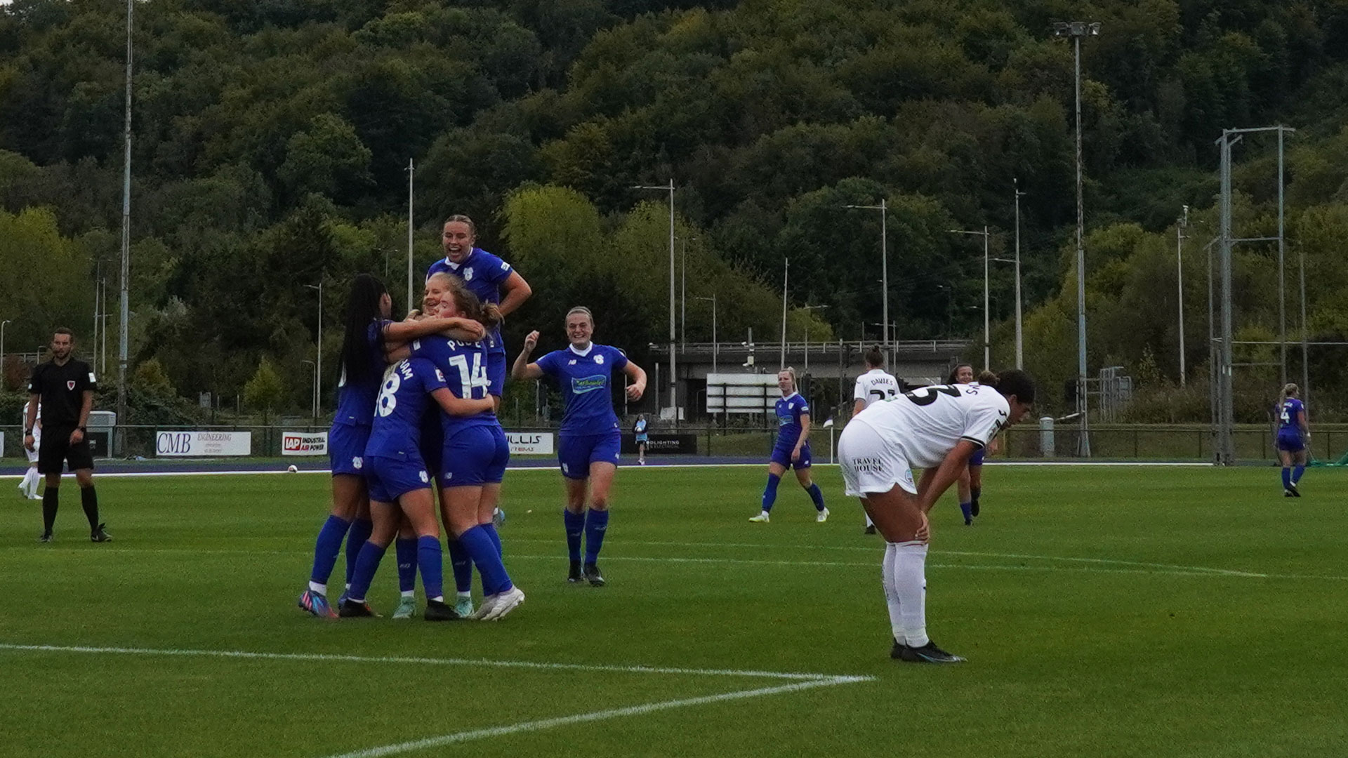 City celebrate Phoebie Poole's opener at Cardiff International Sports Campus...