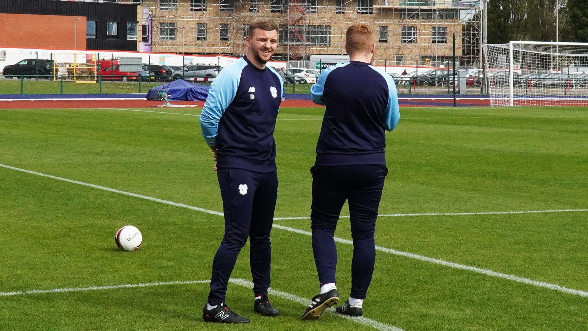 Iain Darbyshire and Scott Davies on the touchline at Cardiff International Sports Campus...