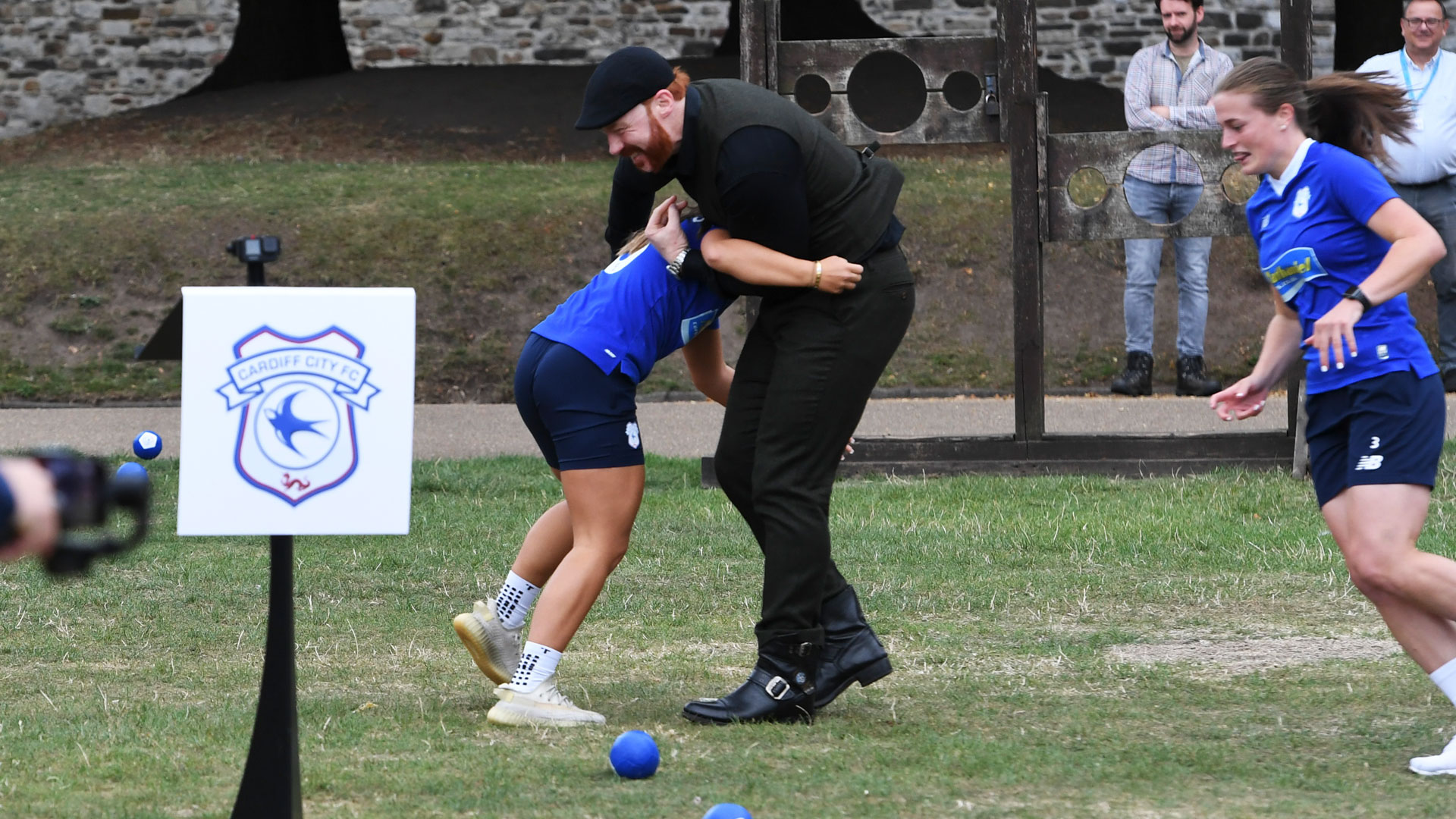 Seren Watkins tackling WWE's Sheamus...