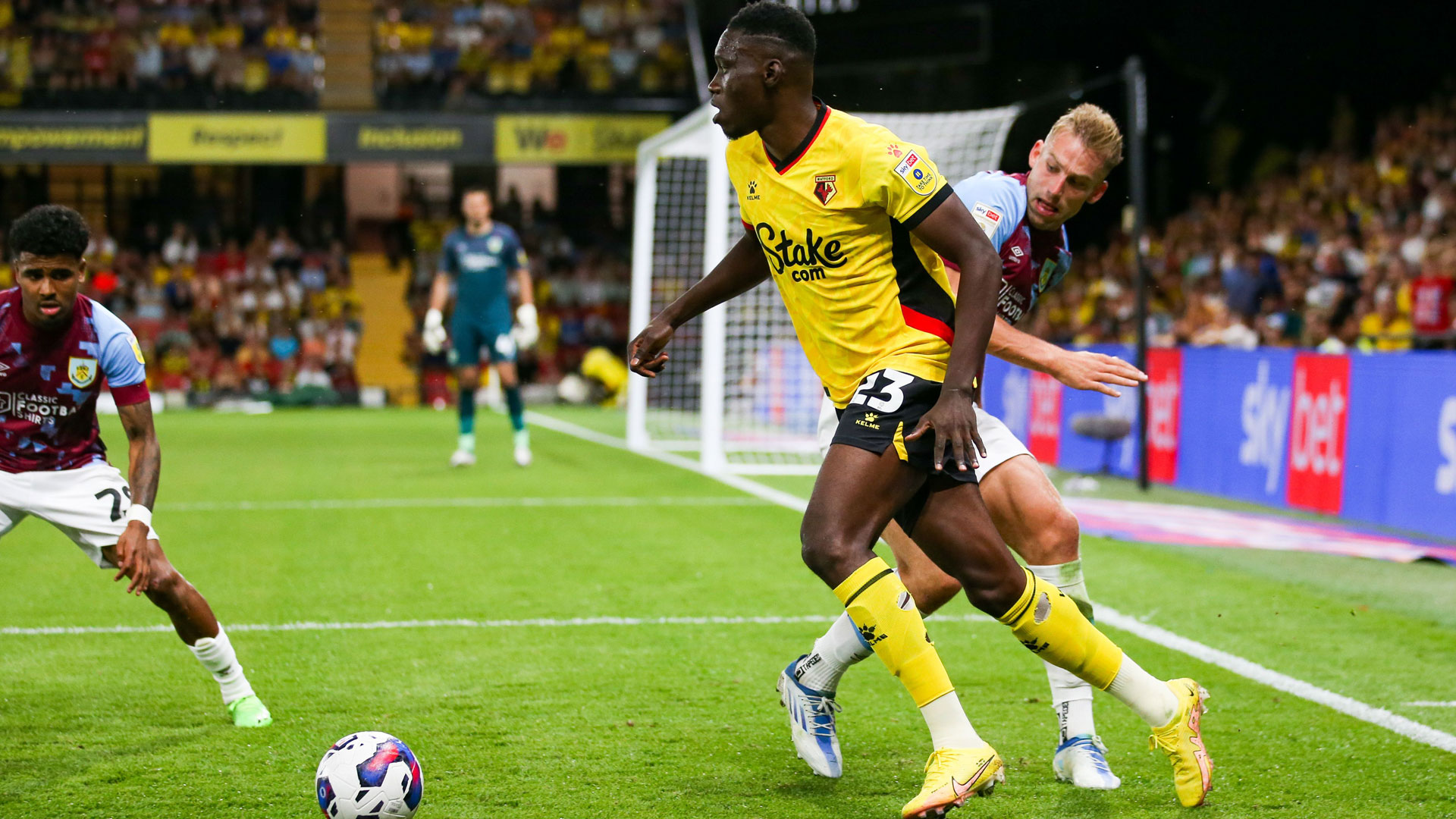 Sarr in action for Watford against Burnley...