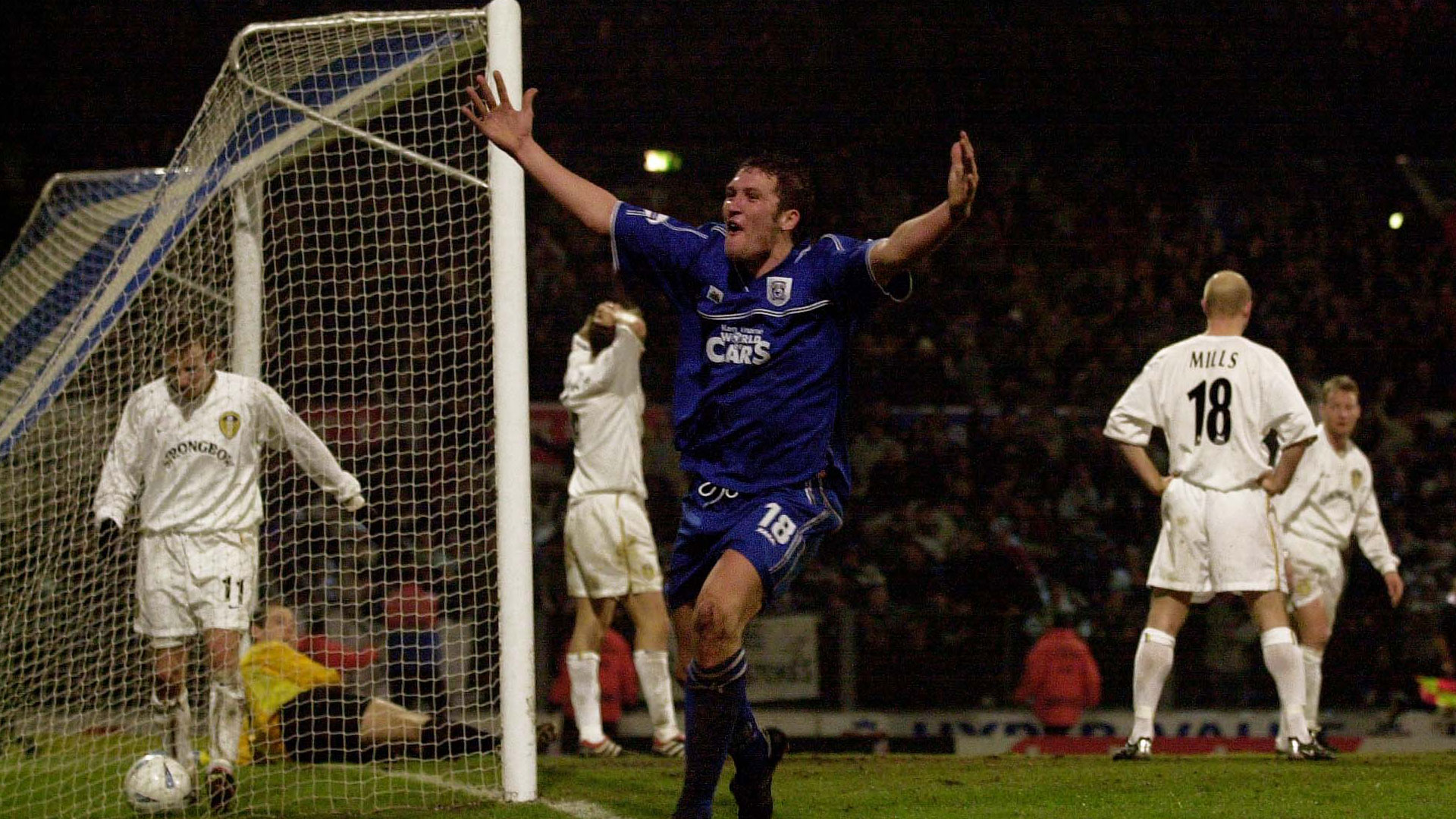 Scott Young celebrates his winner against Leeds United...