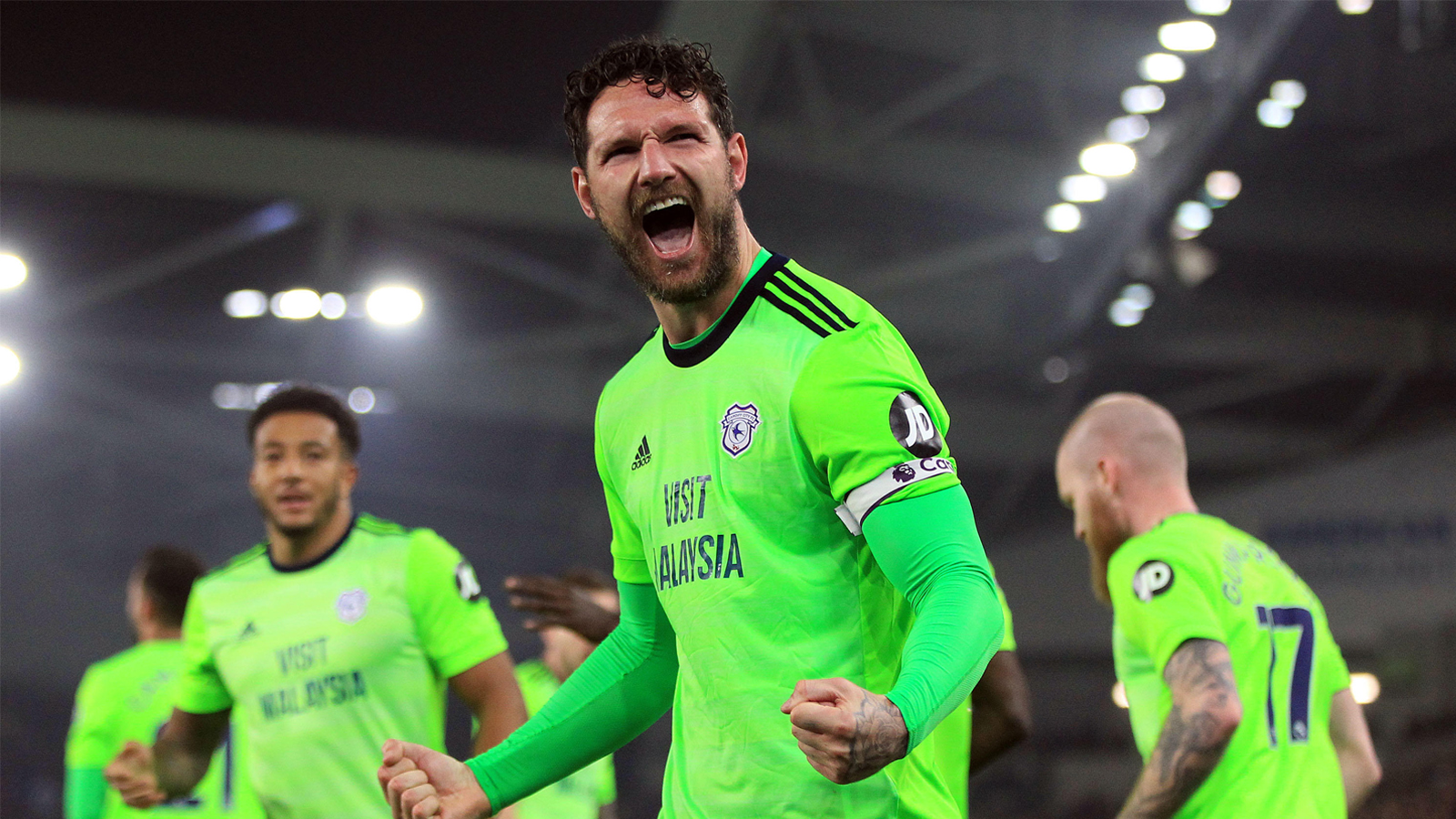 Sean Morrison celebrates his goal at Brighton & Hove Albion...