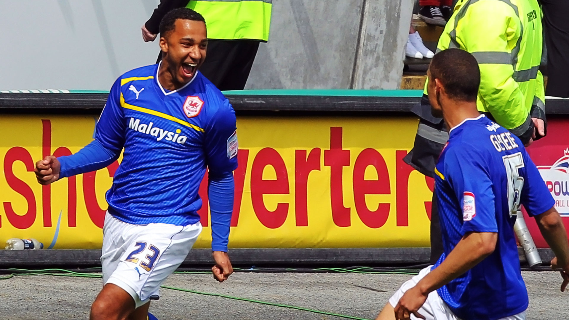 Nicky Maynard celebrates his goal with Rudy Gestede...