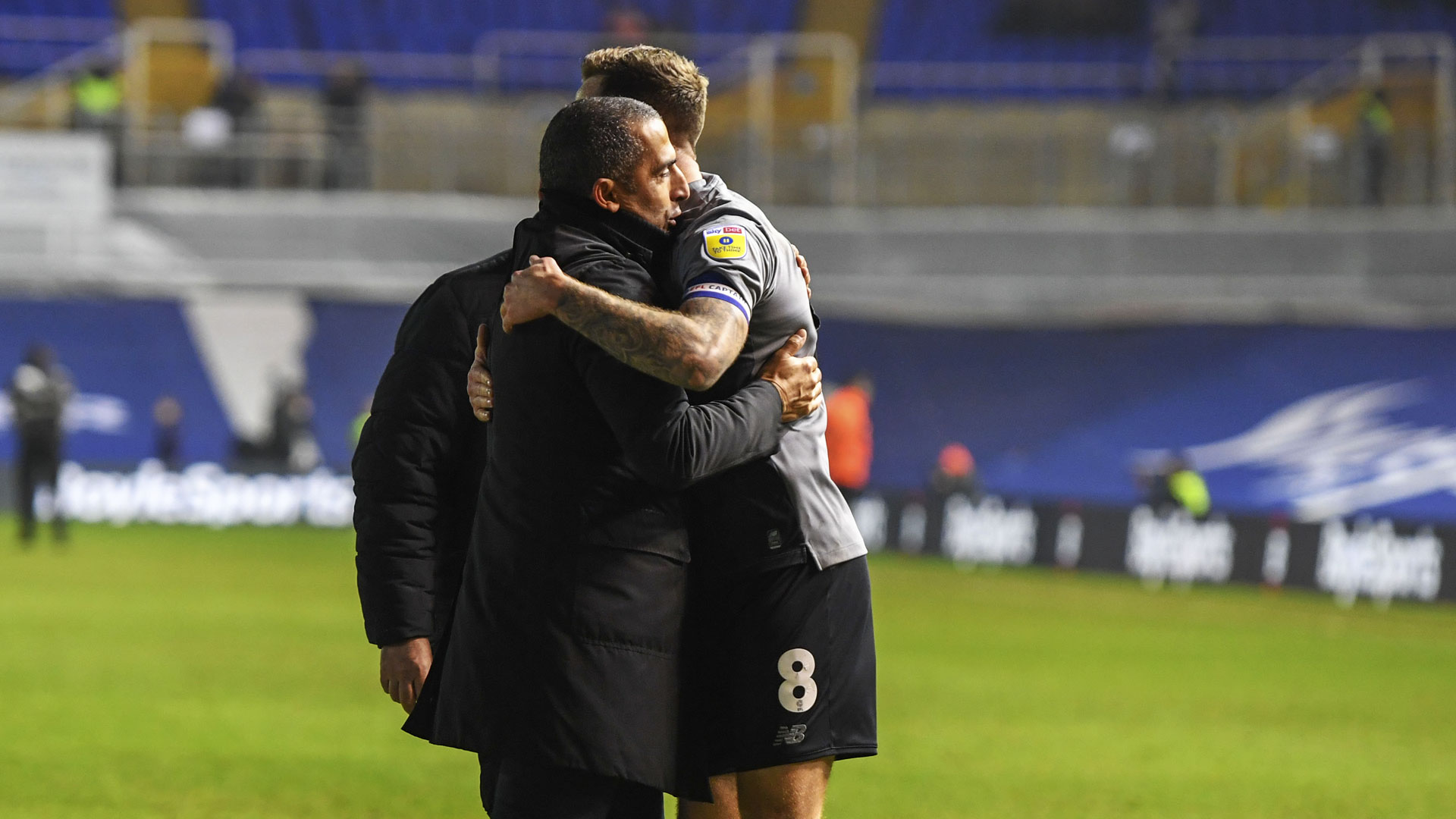 Sabri Lamouchi hugs Joe Ralls at Birmingham City...