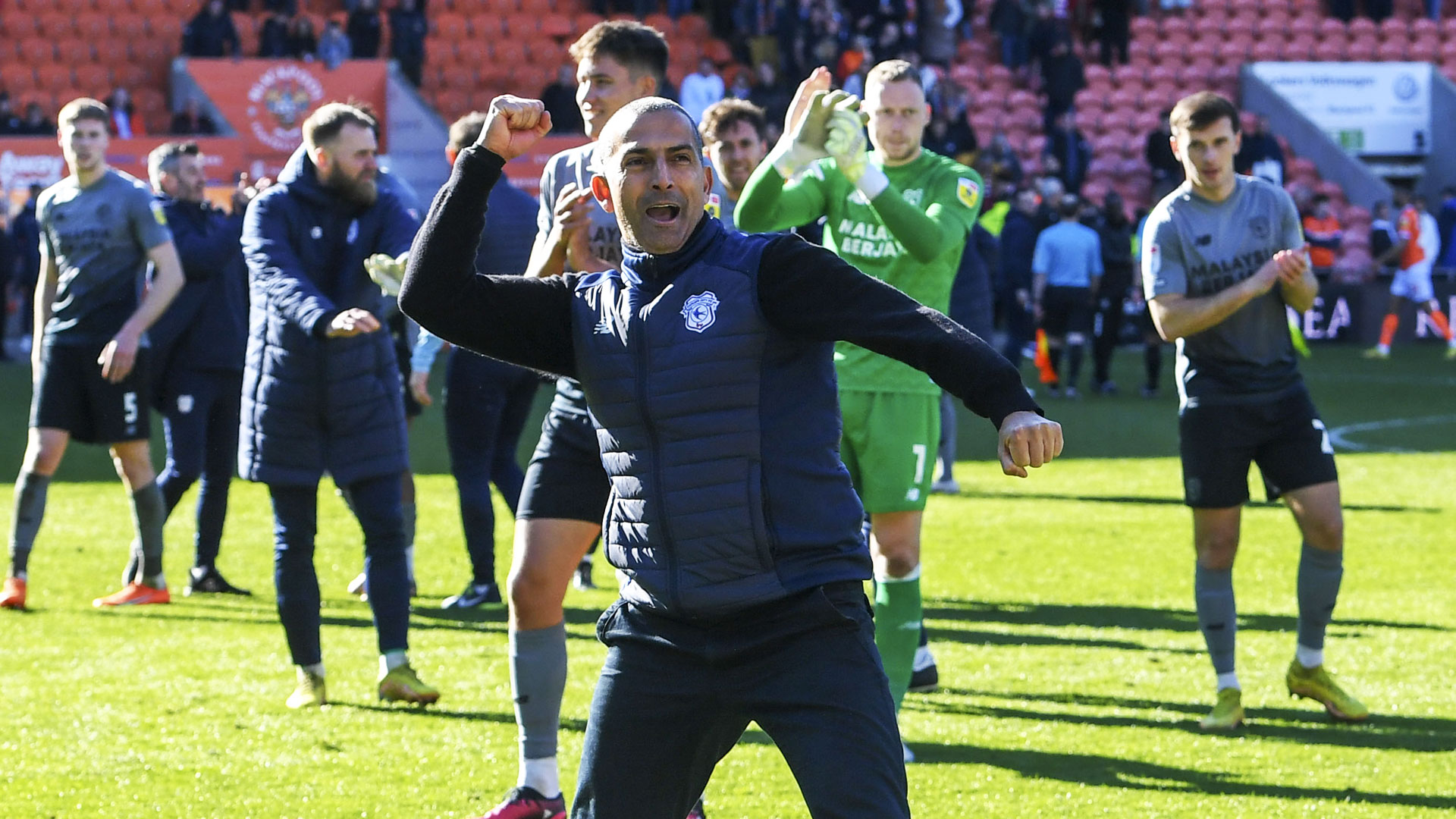 Sabri Lamouchi celebrates at Bloomfield Road...