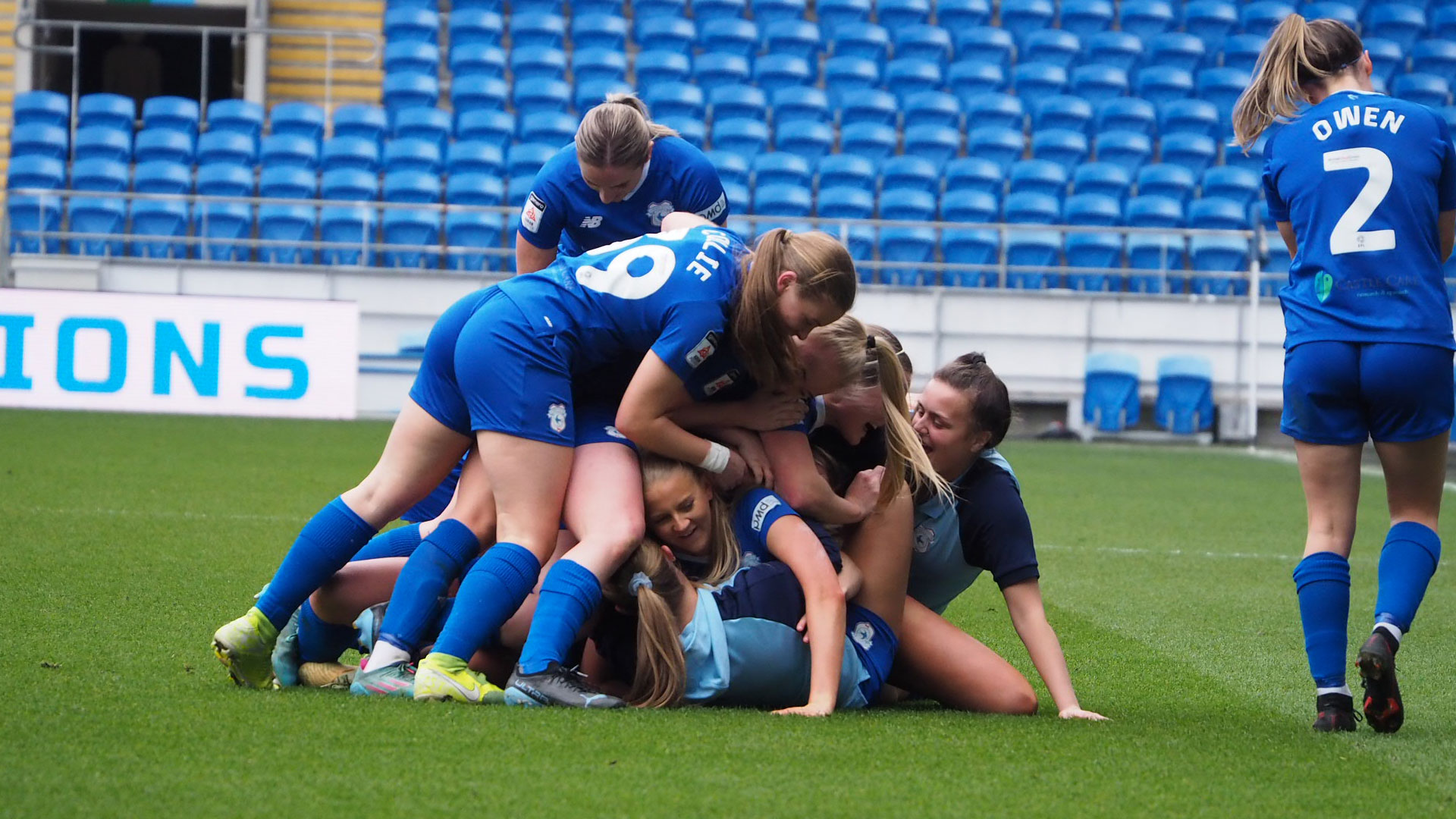 The Bluebirds celebrate their Adran Premier win...