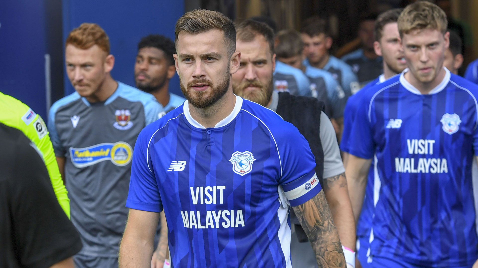 Joe Ralls leads the Bluebirds out against Penybont...