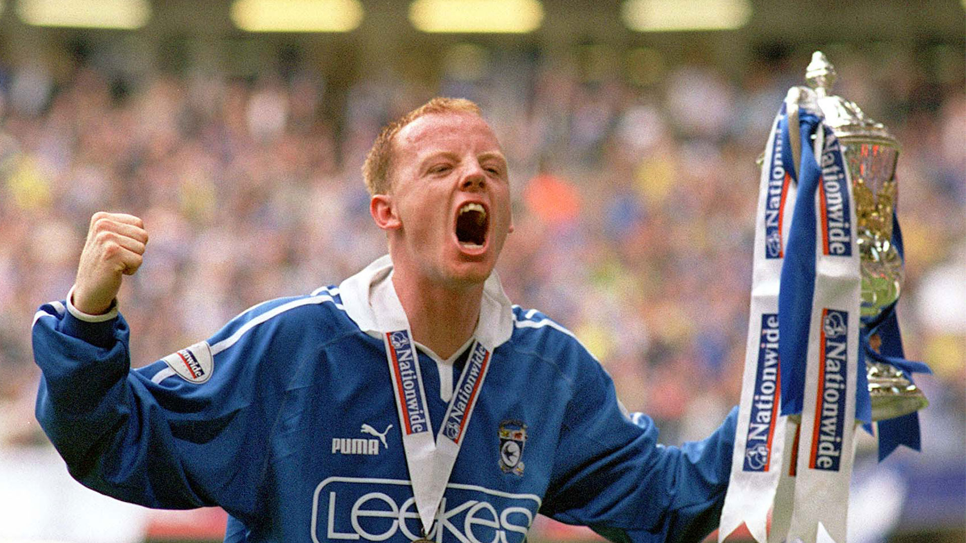 Andy Campbell celebrates defeating QPR in the play-off final