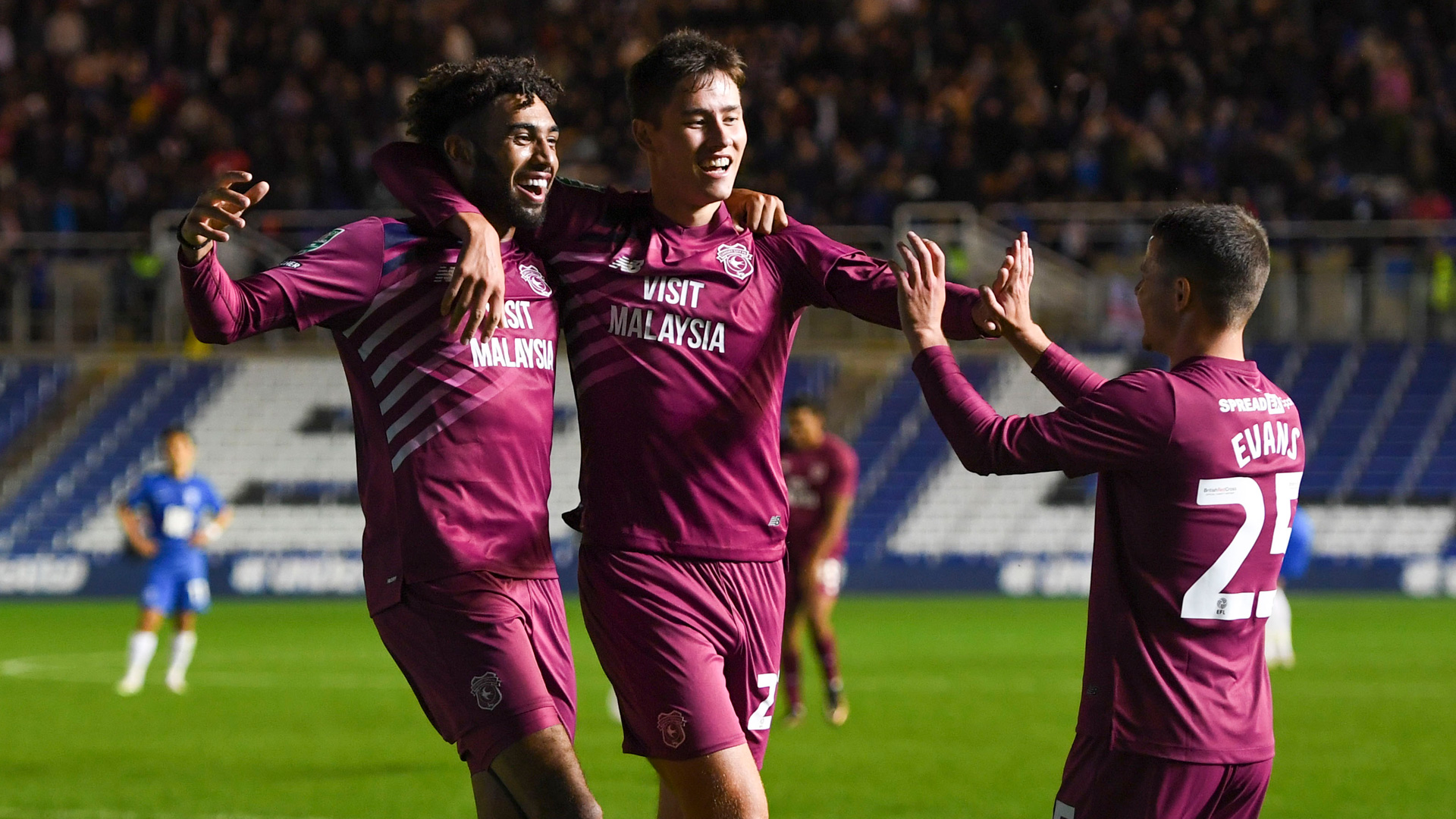 Rubin Colwill, Kion Etete and Kieron Evans celebrate at Birmingham City...