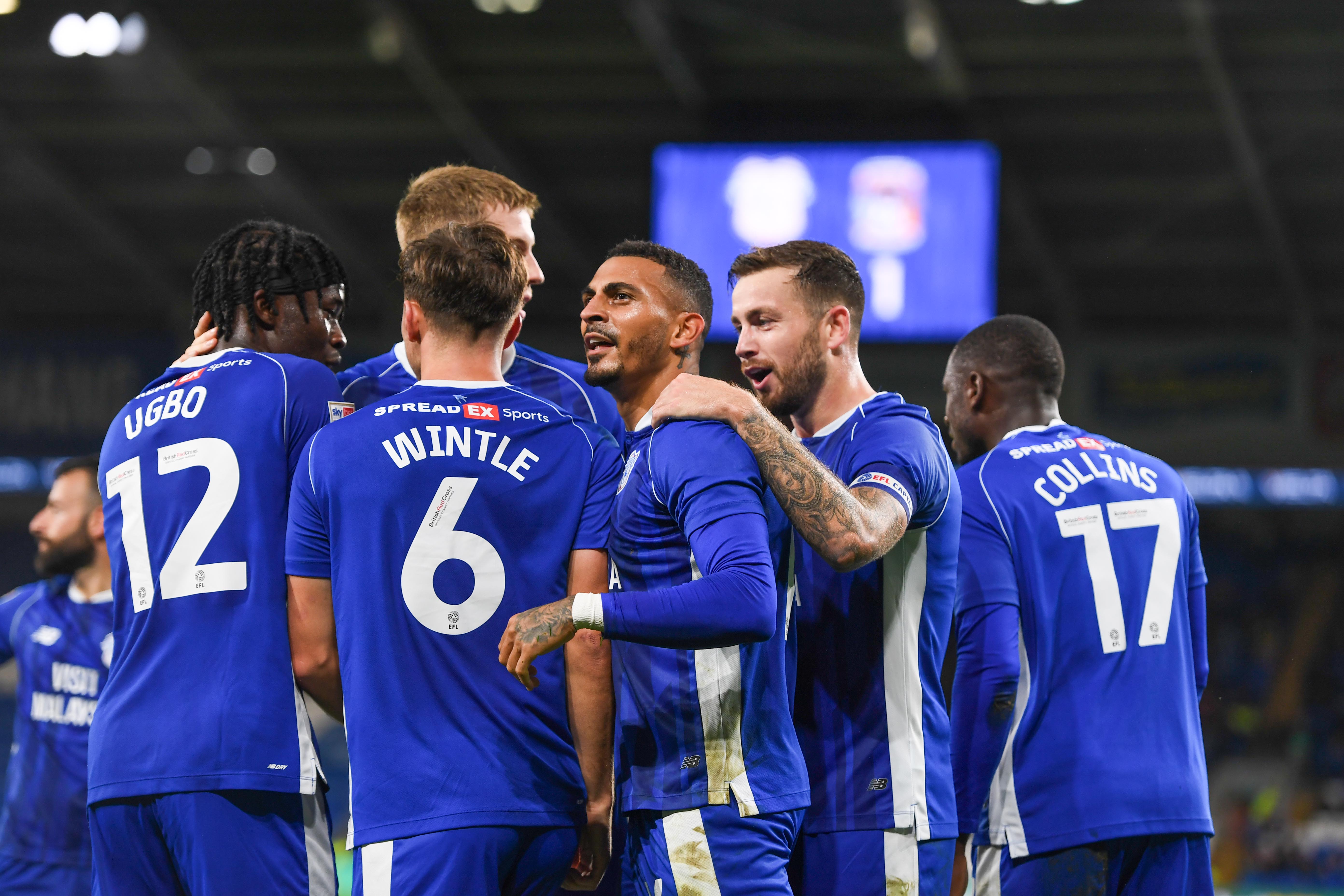 Cardiff City celebrate taking the lead against Coventry City