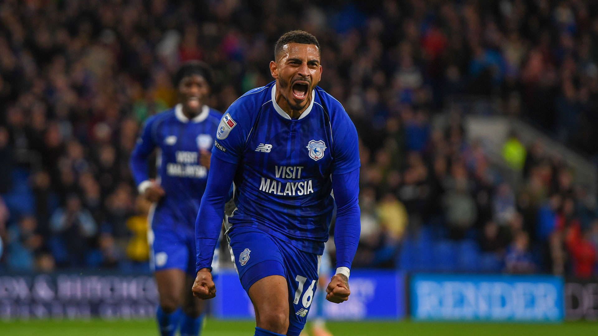 Karlan Grant celebrates putting Cardiff City ahead against Coventry City