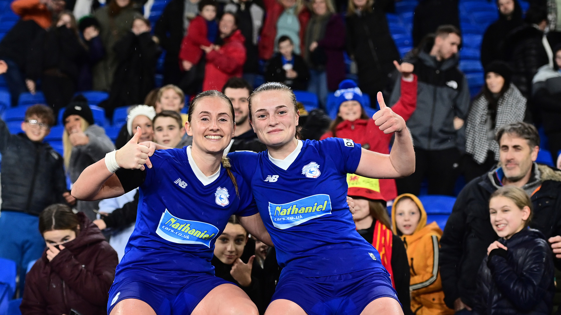 Ffion Price and Hannah Power with the Cardiff City Women fans