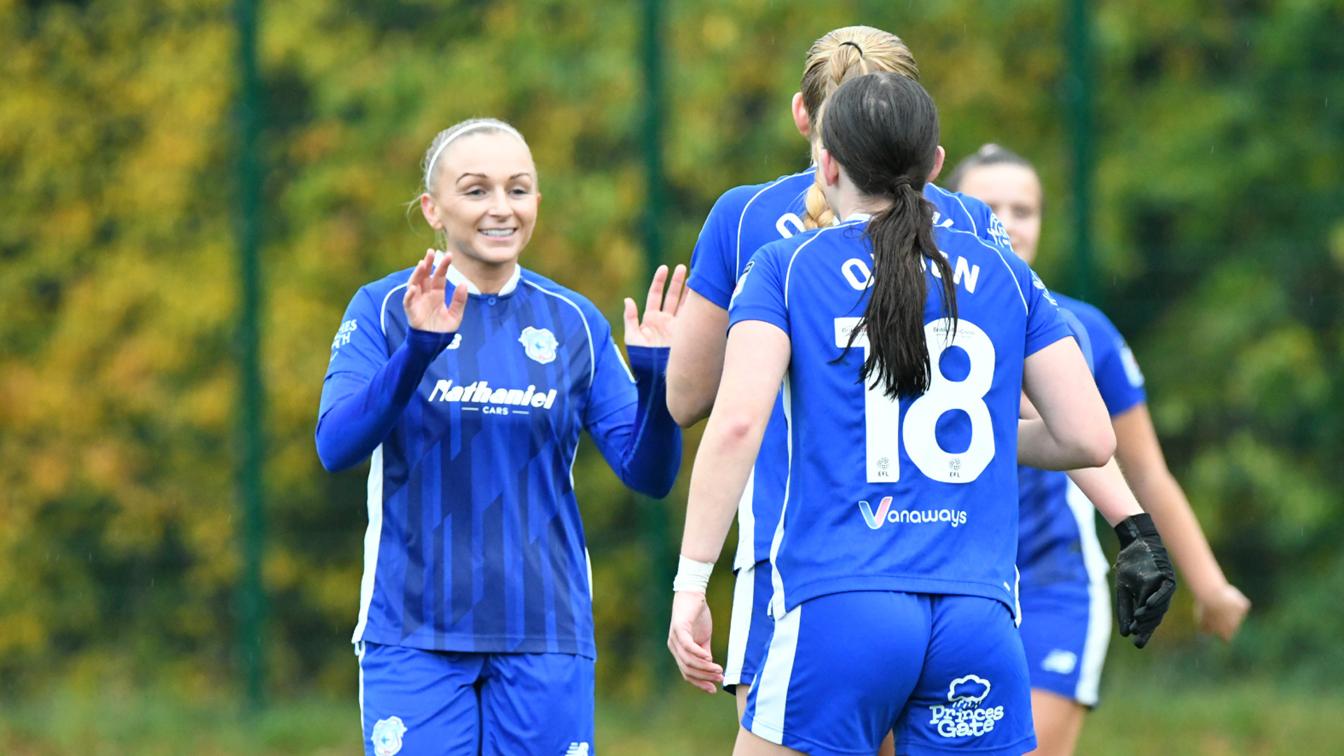 Cardiff City Women celebrate scoring against Swansea University