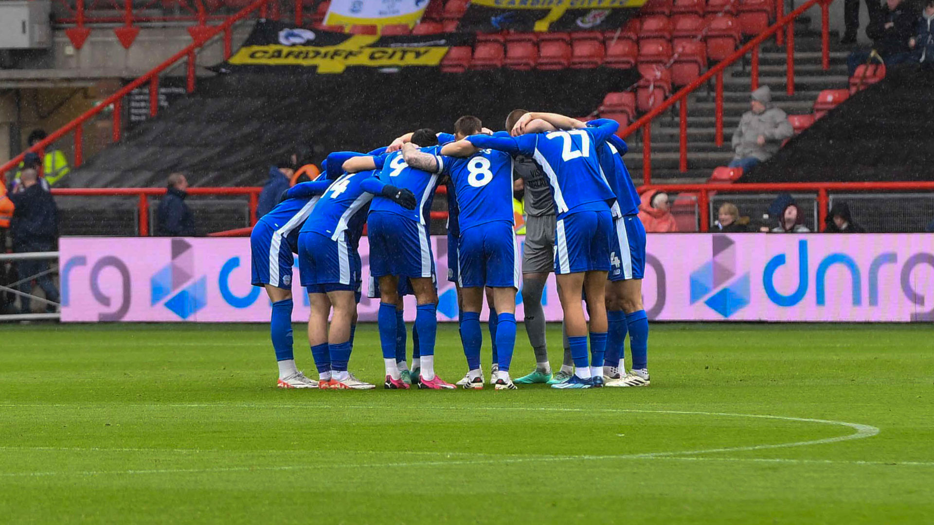 Cardiff City's players huddle ahead of kick-off against Bristol City