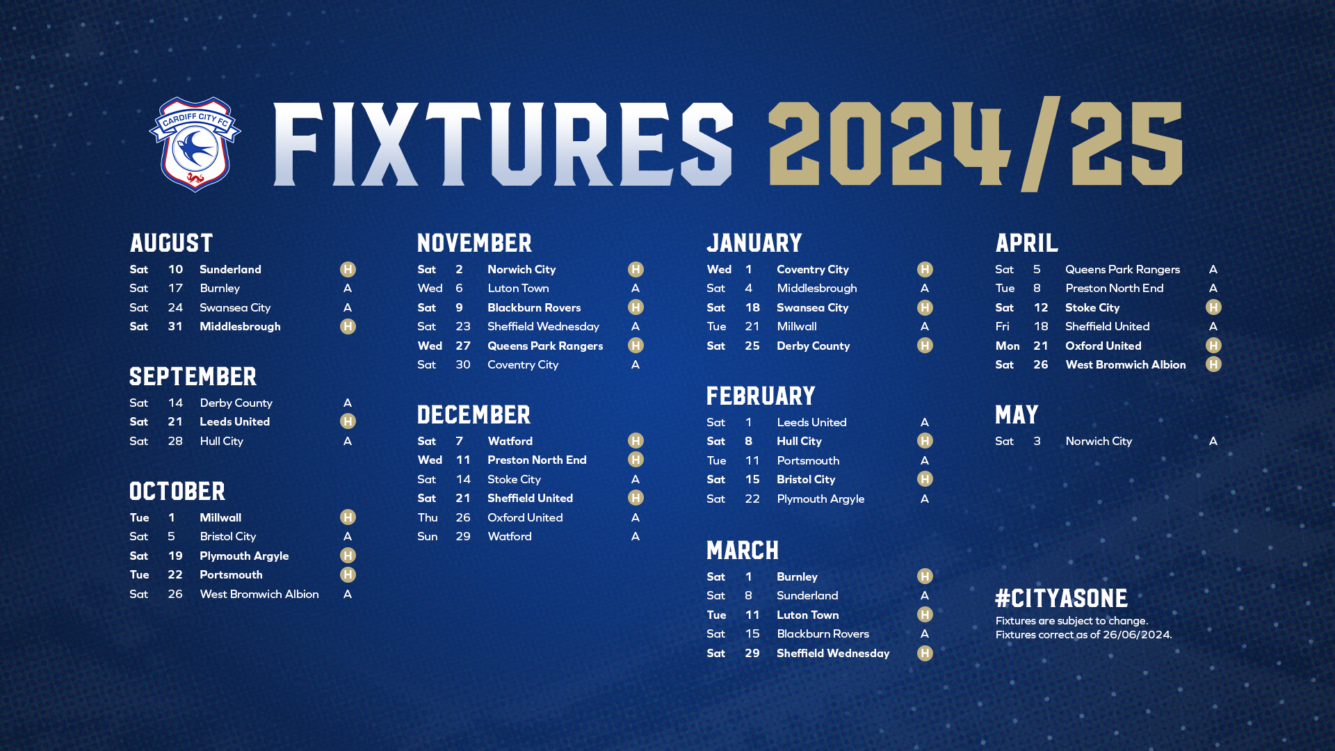 Cardiff City fixtures 2024/25
