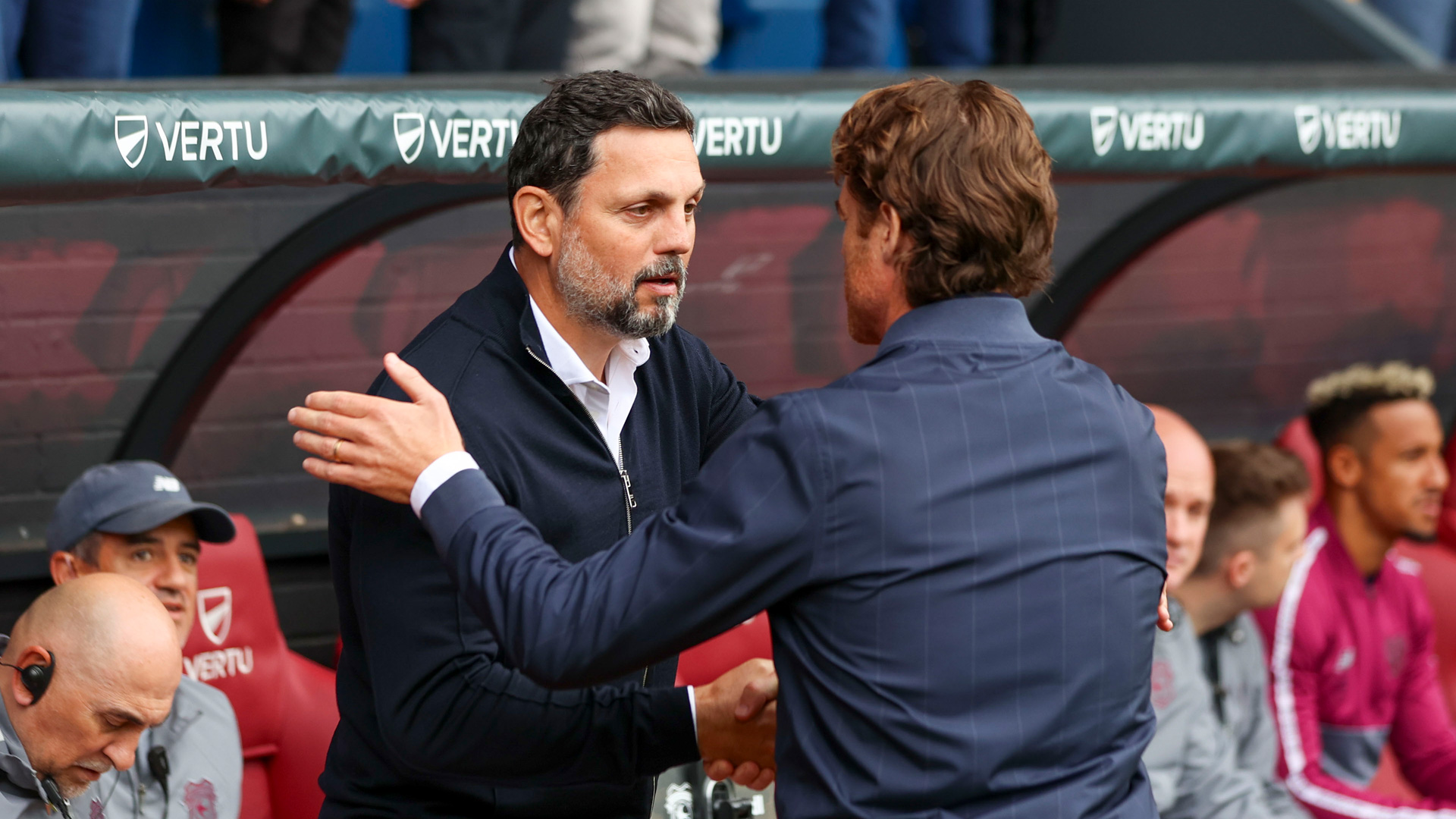 City boss Erol Bulut with Scott Parker on the touchline at Turf Moor...