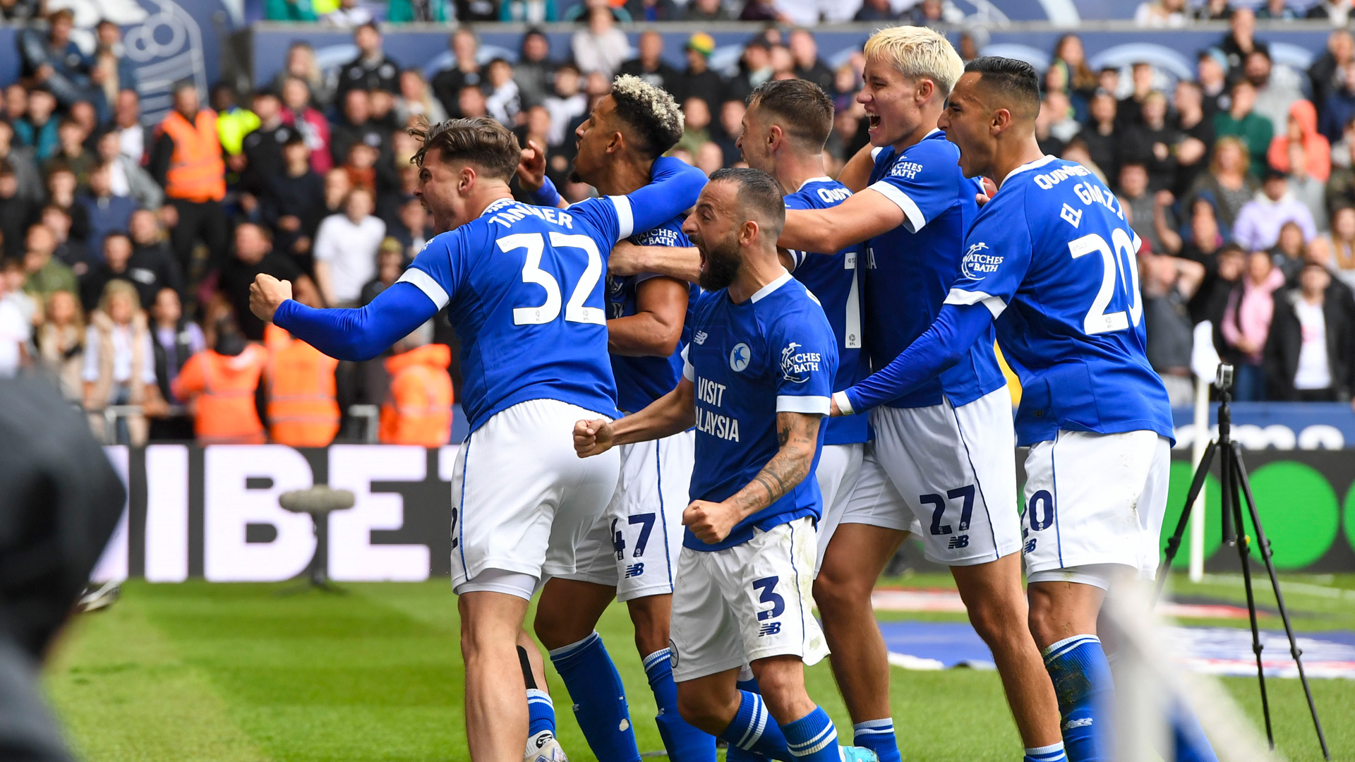 The Bluebirds celebrate their leveller against Swansea City...