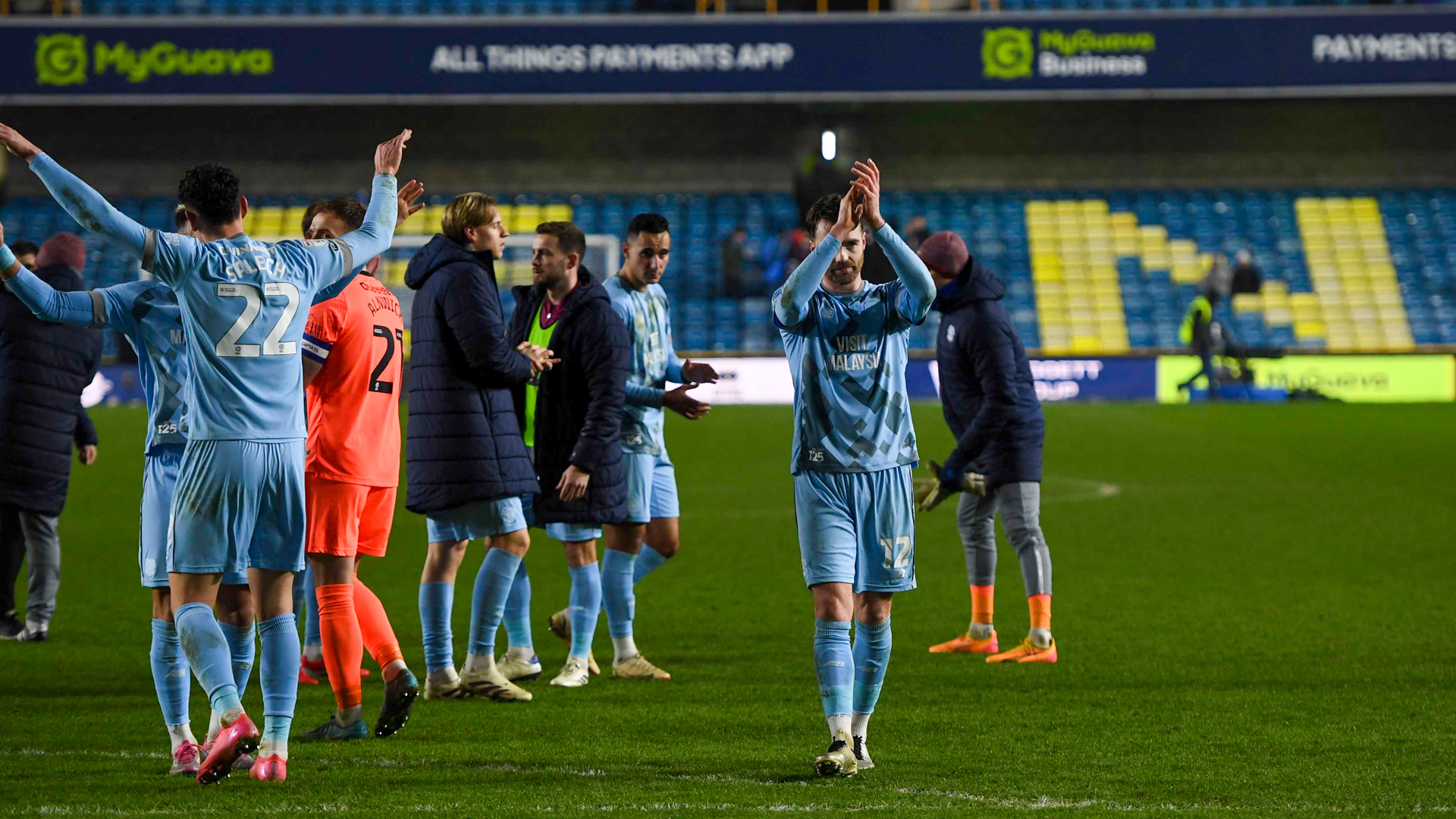 Calum Chambers applauds the City support at Millwall...