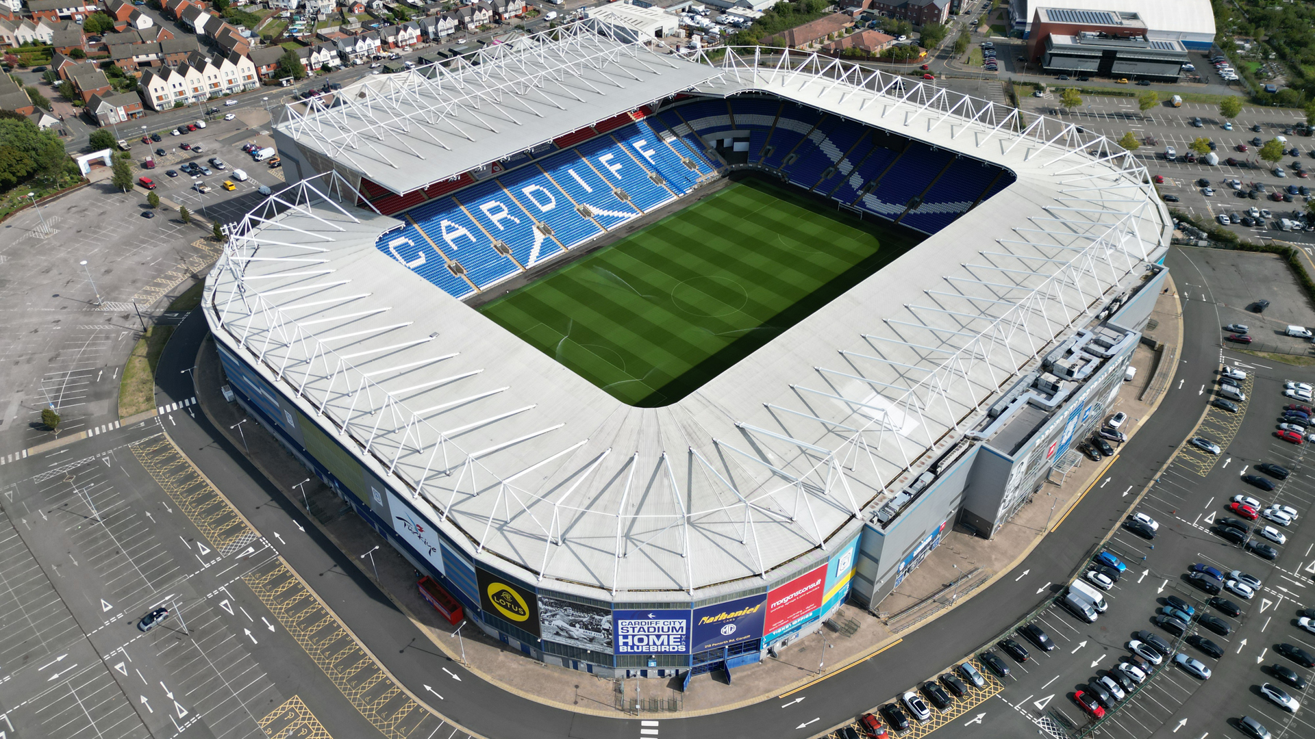 Cardiff City Stadium, pictured from a drone high above the stadium.