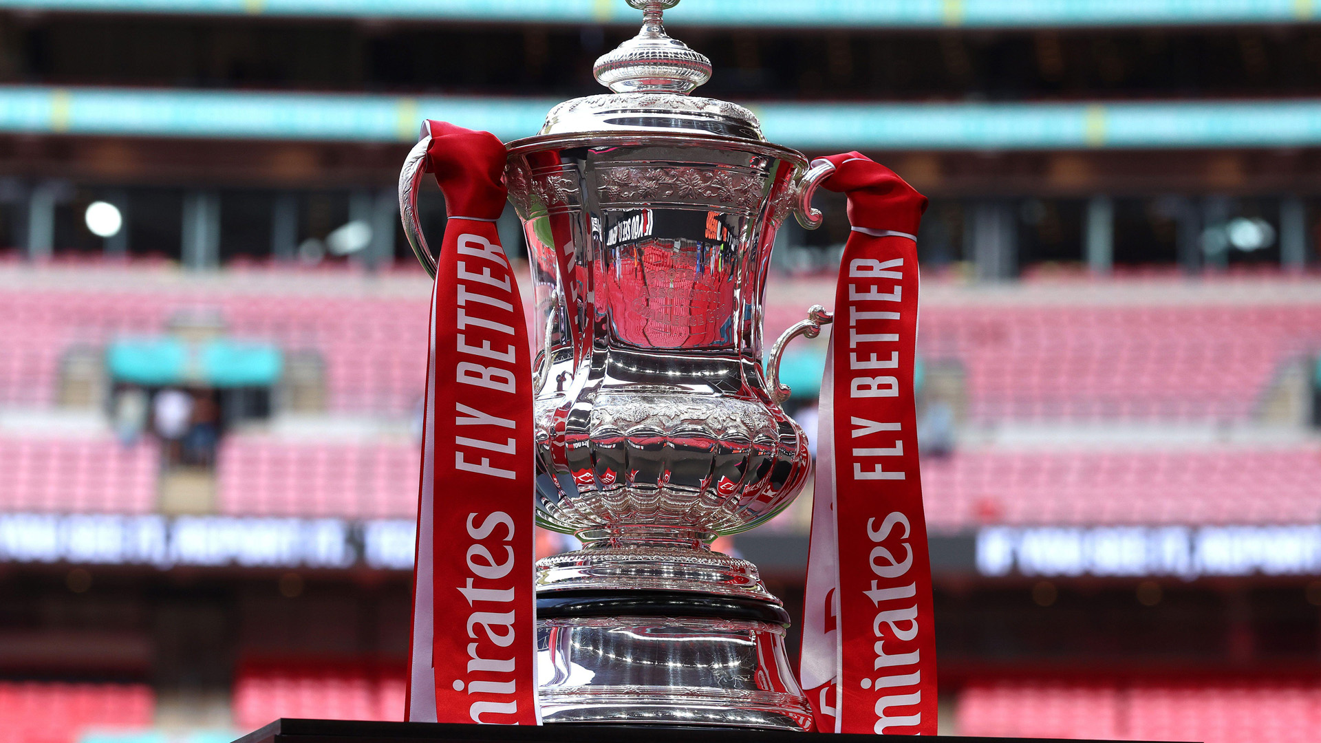The Emirates FA Cup on display at Wembley Stadium...