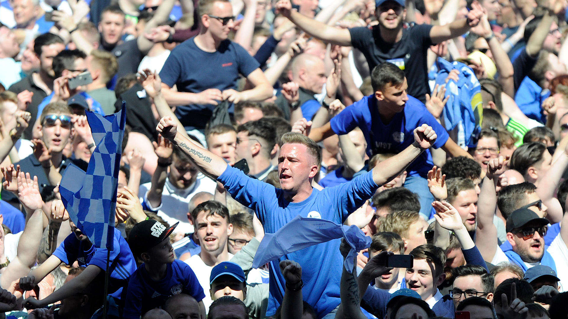 The City fans celebrate promotion to the Premier League.