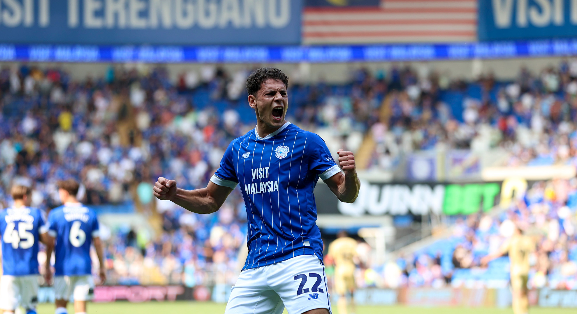 Yousef Salech celebrates his goal against Rotherham United.