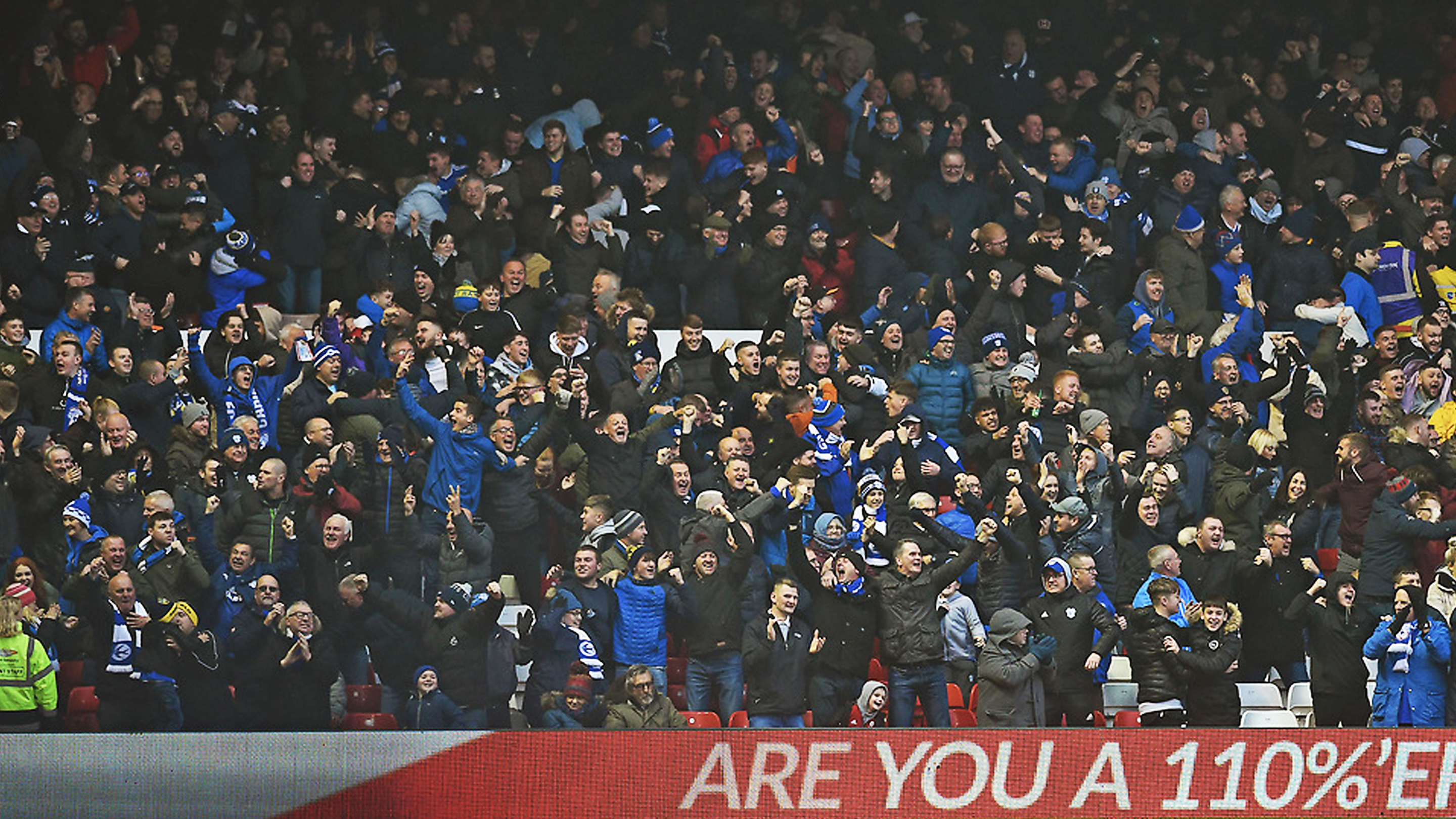 The City fans celebrate NML's goal...