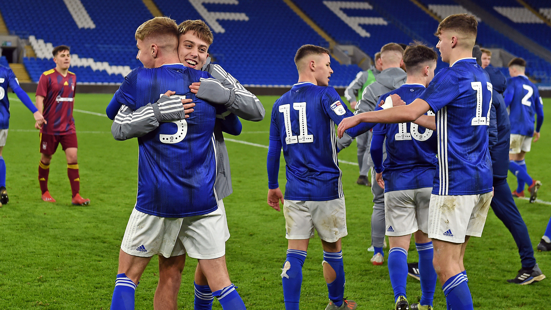 The Bluebirds celebrate after the match...