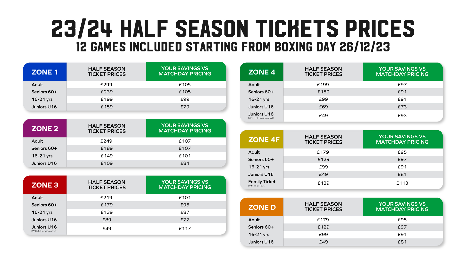 Half Season Ticket Graphic displaying prices