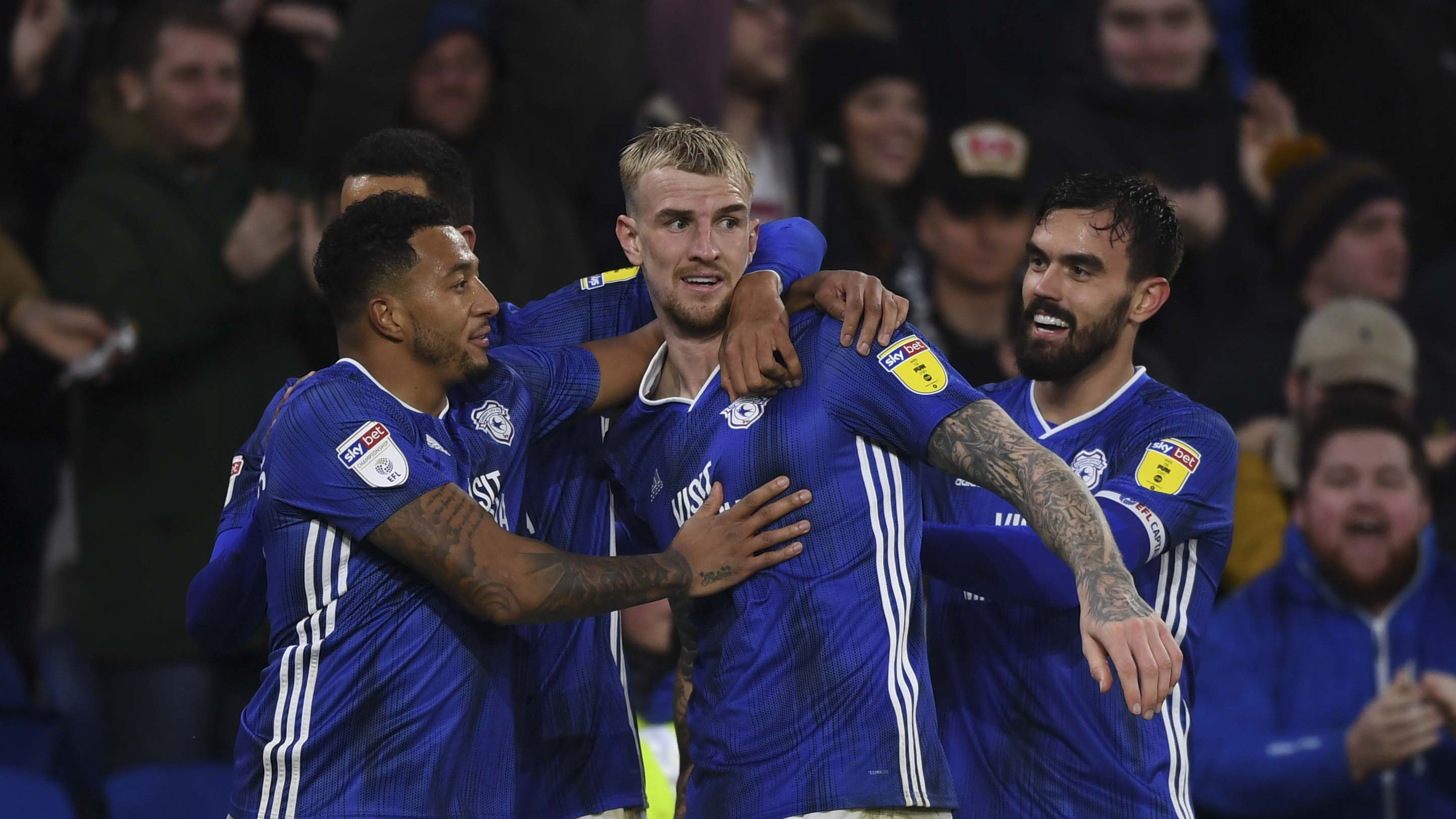 Aden Flint following the opening goal against Millwall at Cardiff City Stadium...